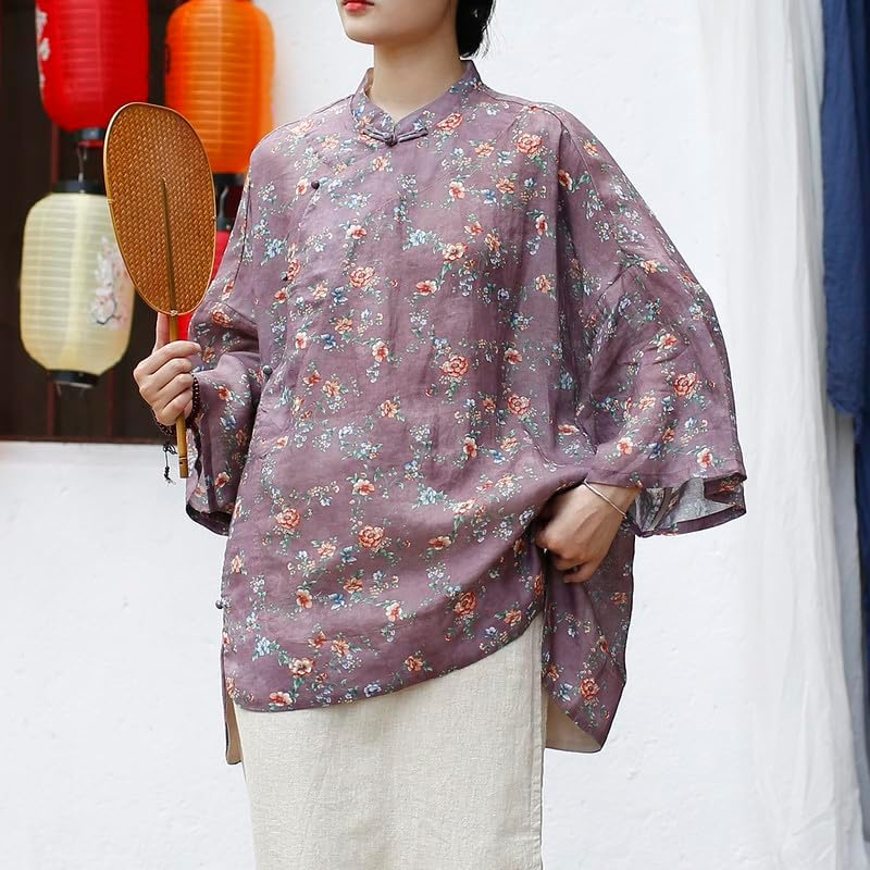 Women'S Vintage Chinese Style Linen Shirt Loose Fit Stand Collar Frog Button Top Blouse - Style C image number 3