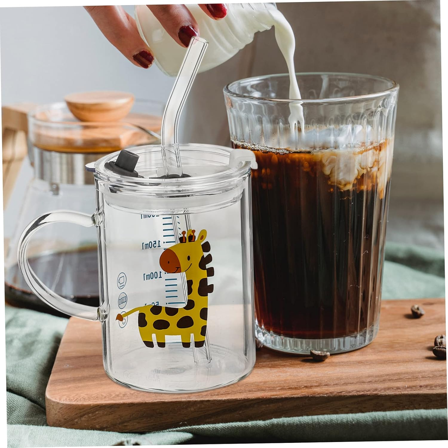 COLLBATH Cartoon Water Cup for Kids 250Ml Glass Straw Cup Deer Pattern Comfortable to Hold Microwave Safe Multi-Functional