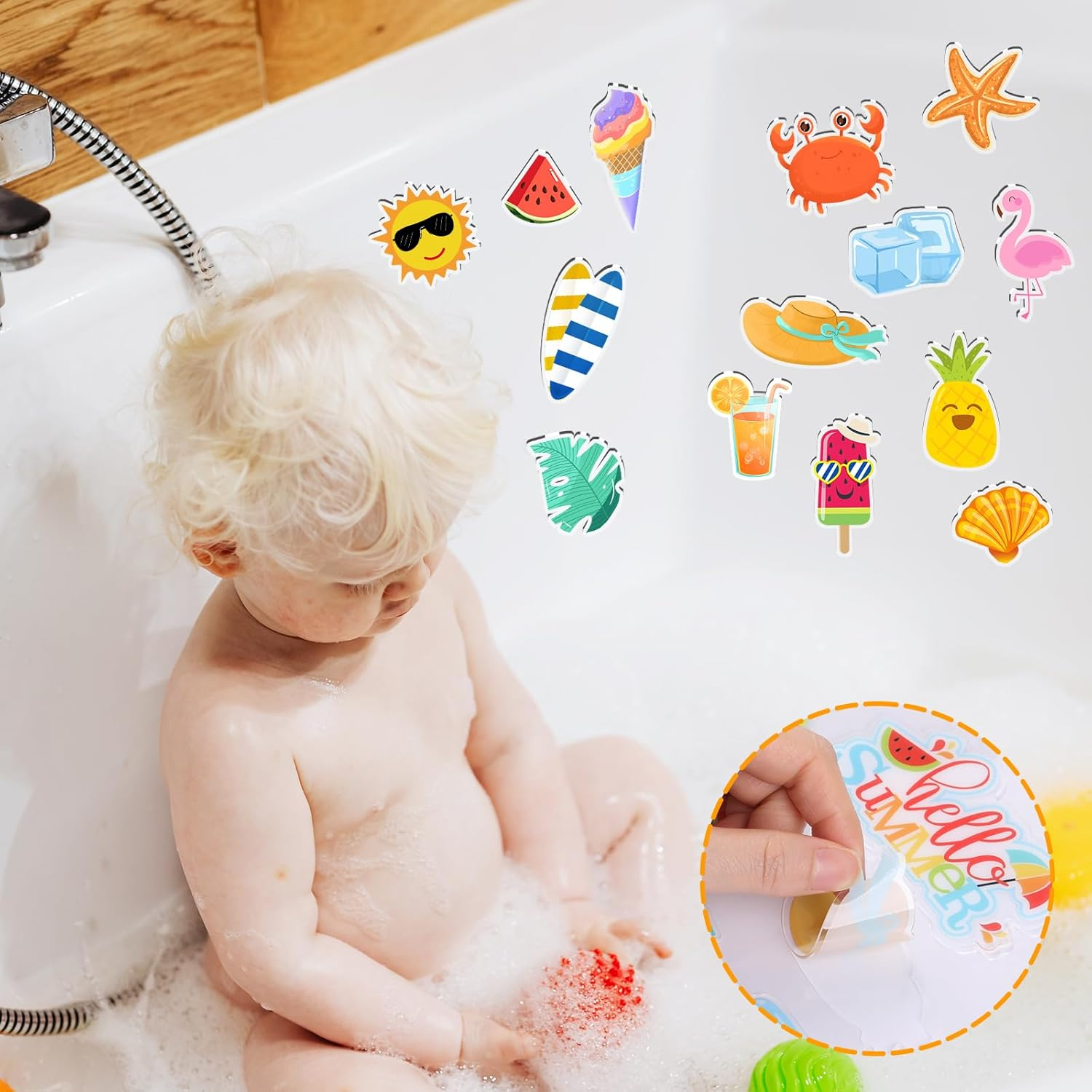 20 PCS Hello Summer Thick Window Gel Clings, Hianjoo Beach Hawaiian Tropic Gel Decals for Kids, Removable Reusable Ice Cream Glass Window Gel Stickers for Summer Home Classroom Nursery Supplies