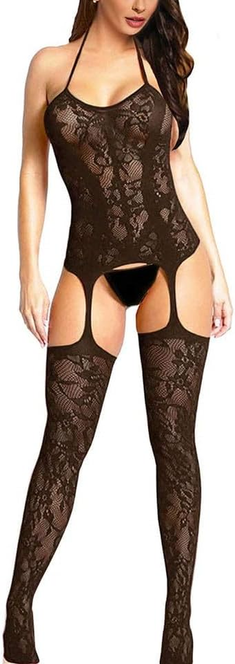 FATOS Lace Halter Garter Sexy Lingerie for Women, Babydoll Fishnet Bodysuit Chemise Nightwear Attached Stockings image number 4