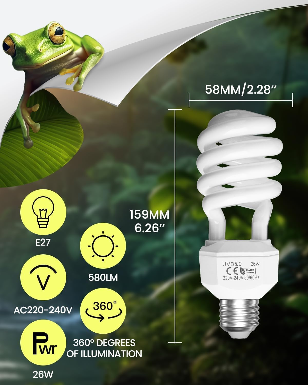 26W E27 UVA UVB 5.0 Reptile Light Bulb, Tortoise Fluorescent Light Bulb Beam Angle 360&deg; AC220-240V for Aquarium, Glass Container, Feeder, Turtle, Snake, Lizard, Etc (Pack-1)