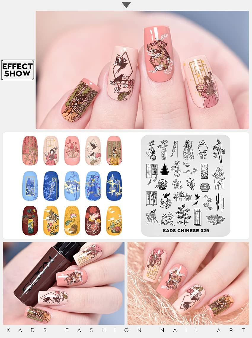 KADS Nail Stamping Plate Chinese Style Nail Art Stamp Template Bamboo Lotus DIY Image Template Manicure Stamping Plate Stencil Tools (CN029) image number 5