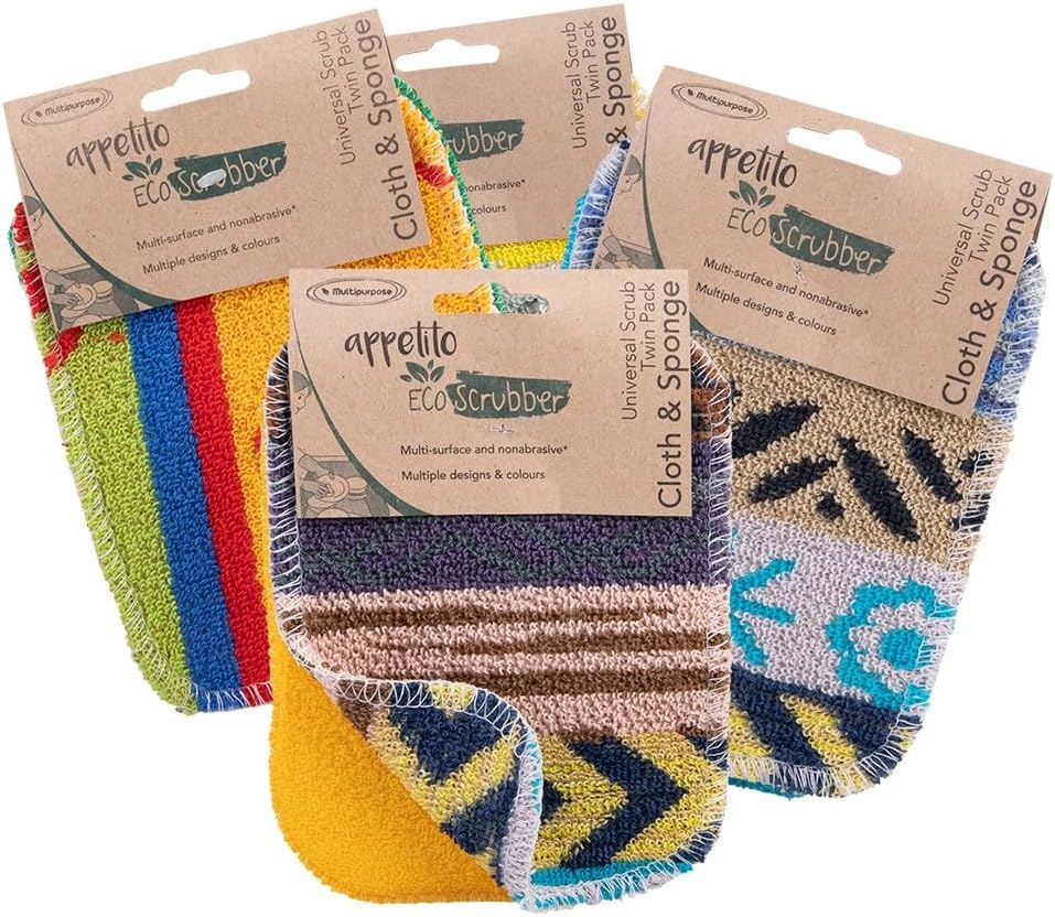Appetito "Eco Scrubber" Universal Scrub Twin Pack Cloth and Sponge 12 X 16.5Cm - 4 Assorted Designs/Colours image number 3