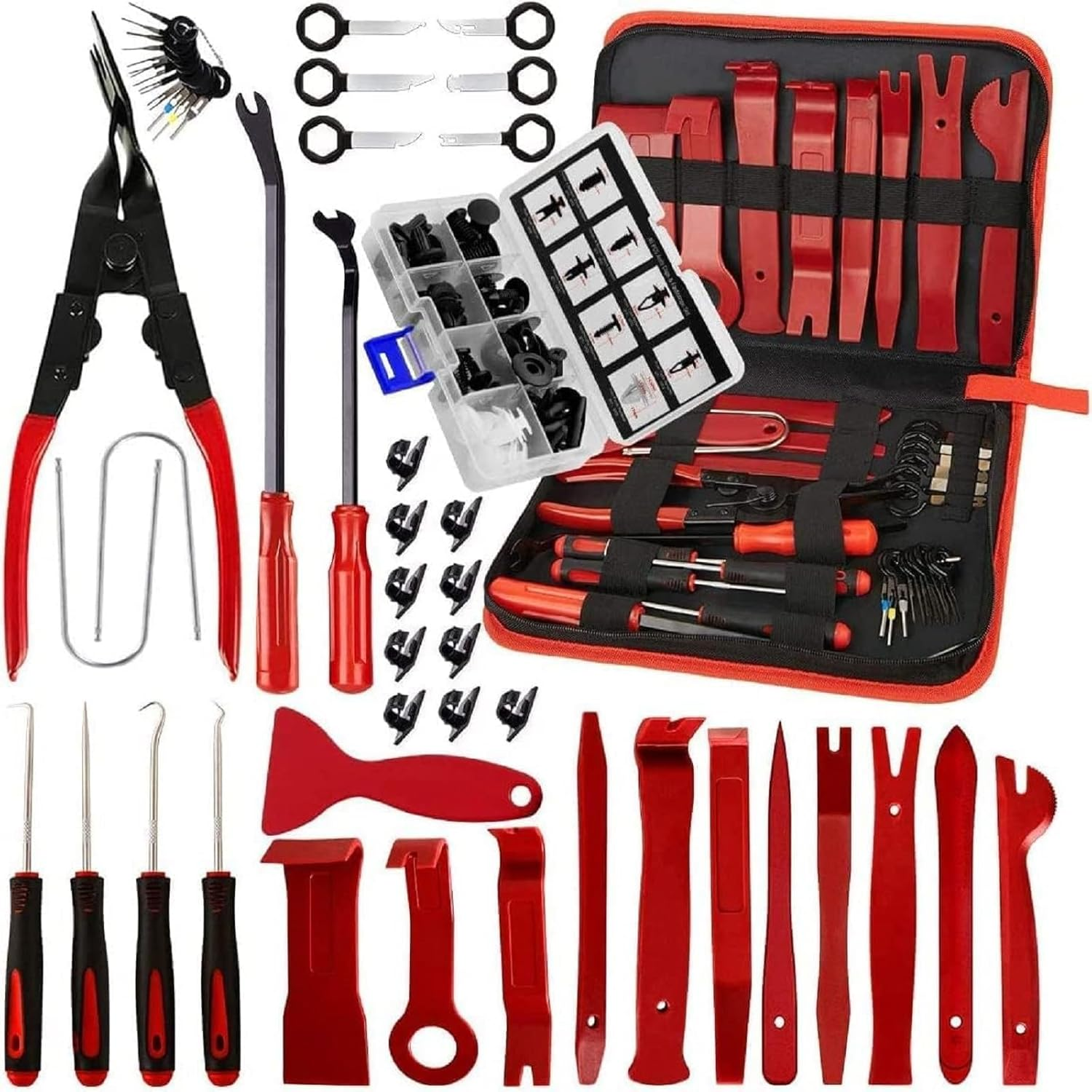 Trim Removal Tool, Fastener Remover Car Tool Kit, Automotive Interior Plastic Pry Kit, Radio Auto Clip Pliers Removal Tool Kit - Red image number 6