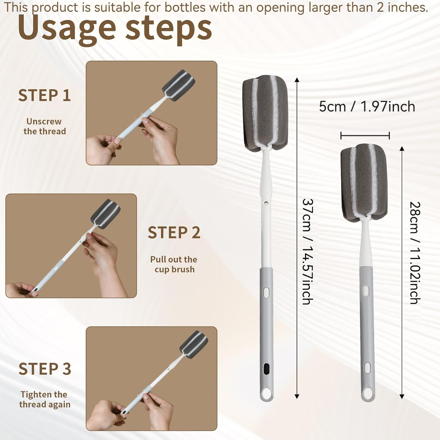 Sponge Bottle Brush Adjustable Long Handle up to 14.5&rdquo;High-Density Foam Bottle Brush & Scrubber Head Hanging Design with 4 Traceless Hooks and &ndash; Bottle Cleaner for Glasses & More (2 Pack) image number 2