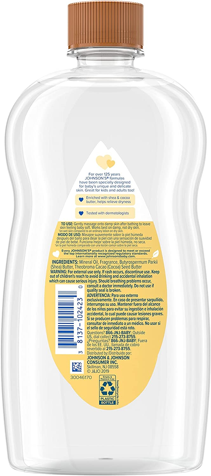 Johnson'S Baby Oil, Mineral Oil Enriched with Shea & Cocoa Butter to Prevent Moisture Loss, Hypoallergenic, 20 Fl. Oz image number 1