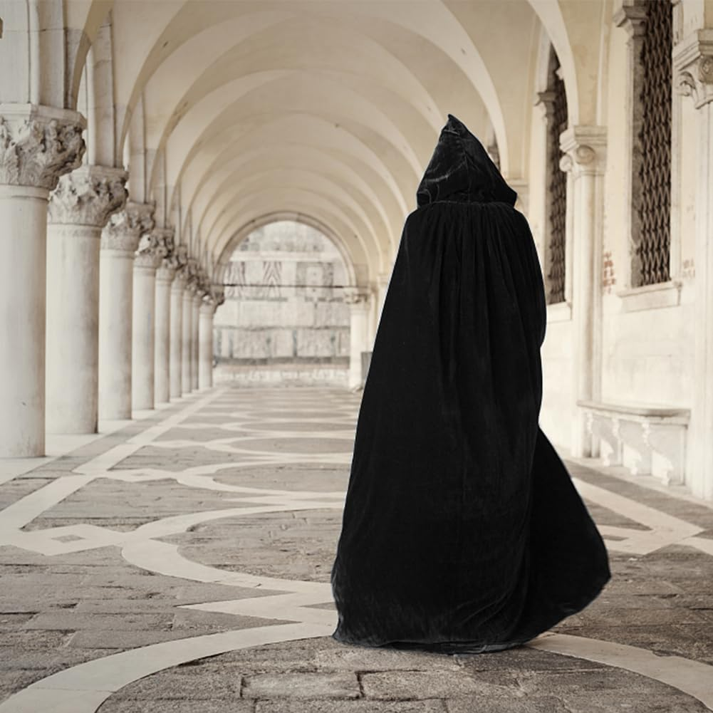 Halloween Cloak Full Length Hooded Velvet Witch Full Length Hooded Cloak for Halloween,Cosplay Costume Party, Cape Disguises image number 3