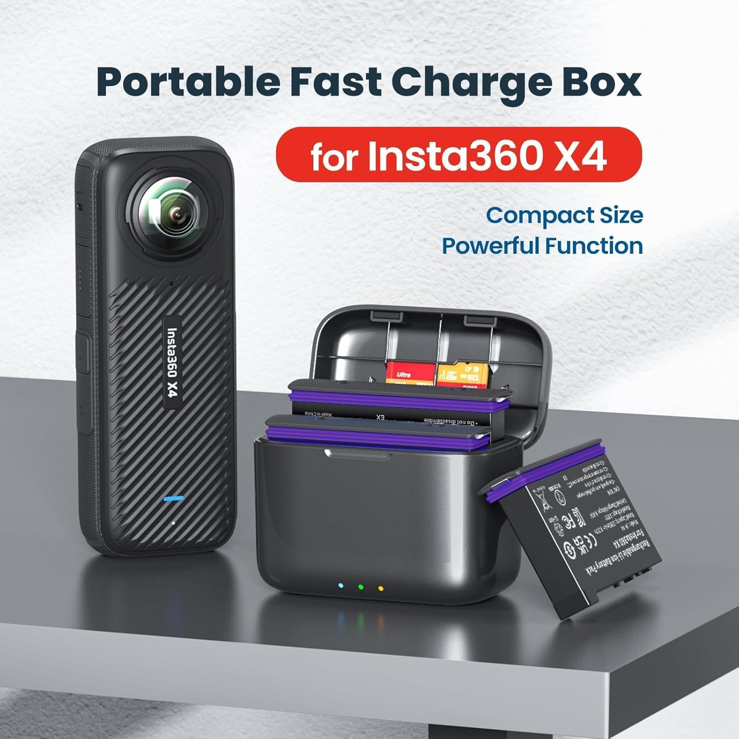 Fast Charge Hub with 2 Packs Batteries(2500Mah) for Insta360 X4, Quick Portable Battery Charge Storage Station Compatible with Insta360 X4 (2 Channel Set) image number 1