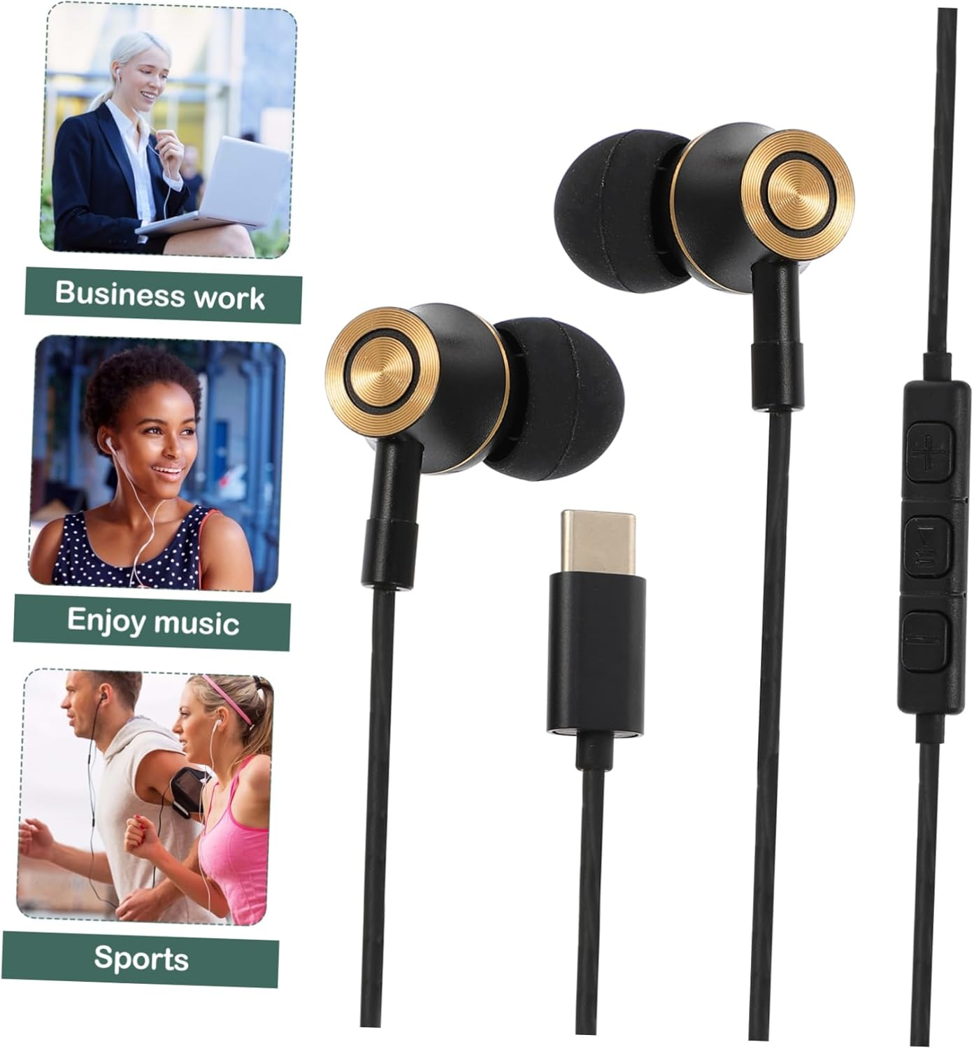 ELAYARD USB Type-C In-Ear Earphones with Metal Housing and Microphone, Noise Canceling Wired Earbuds with Volume Control for Phones and Tablets, Black, for Calls and Music Listening image number 5