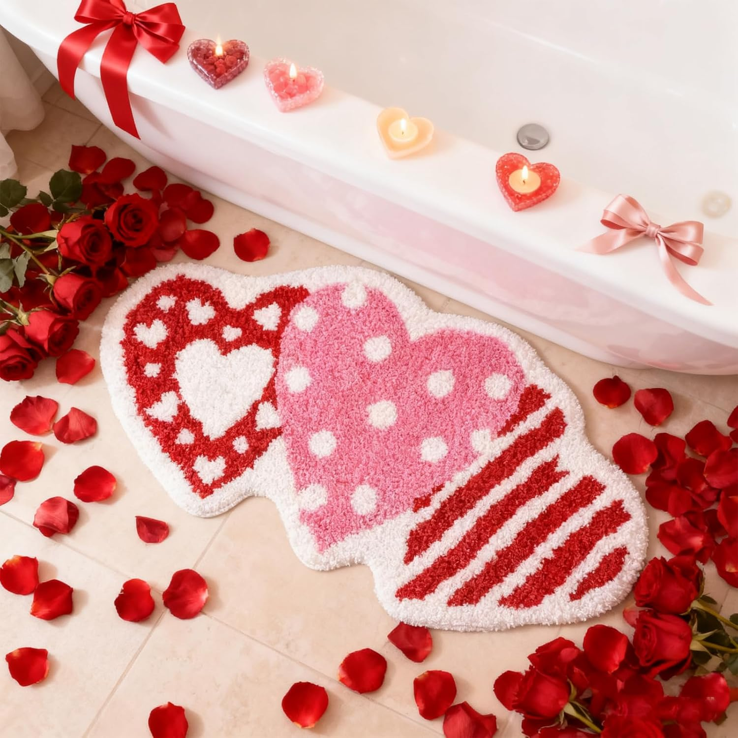 Heart Shaped Valentine&rsquo;S Day Decoration Rug 50&times;80Cm, Soft Faux Wool Area Rug for Bedroom Bathroom, Red & Pink Heart Mat for Her, Non-Slip Absorbent Carpet for Gift, Entryway, or Living Room image number 3