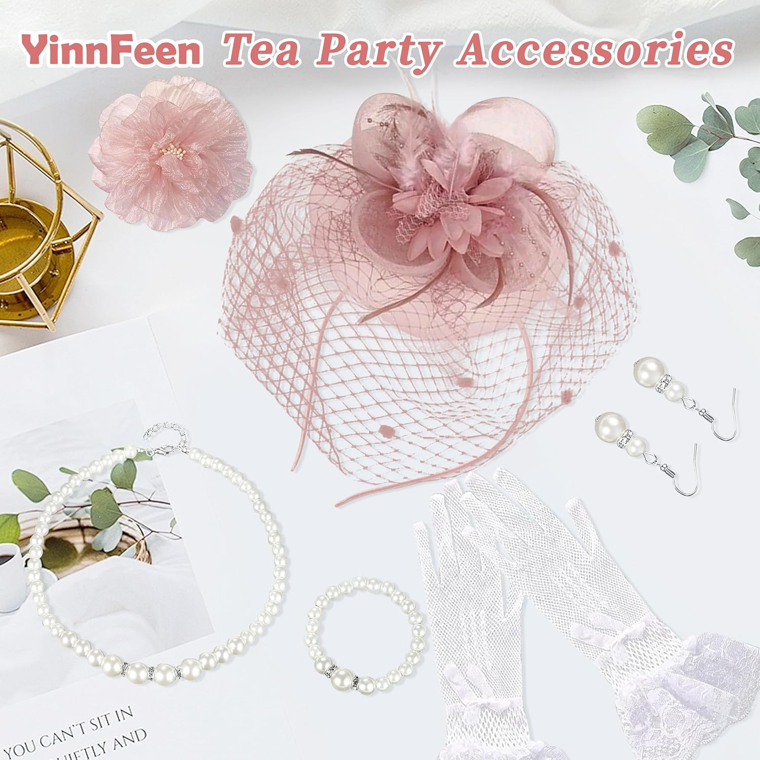 Yinnfeen 6 Pcs Tea Party Fascinators Hat for Women, Mesh Veil Headband with Pearl Necklace Earring Bracelet Lace Glove Brooch image number 4