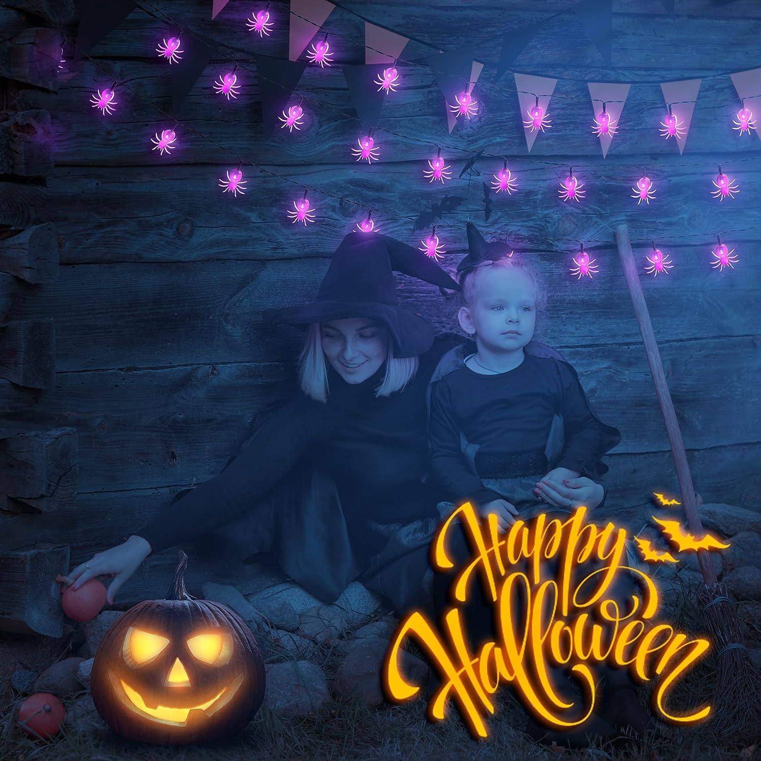 Oopswow YOUNGAR Halloween Decor Spider String Lights, Solar String Light,2Pack 20Ft 30 LED Outdoor Decorative Lights for Patio, Garden, Gate, Yard, Halloween Christmas Decoration (2Pack,Spider) image number 1