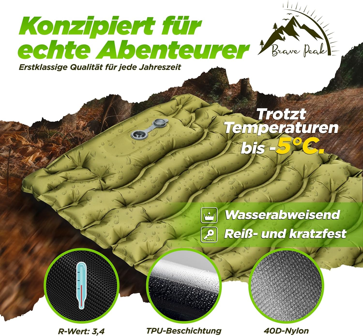 Brave Peak Self-Inflating Sleeping Mat 10 Cm with Cushion - Warm, Lightweight & Compact - for Outdoor, Trekking & Hiking