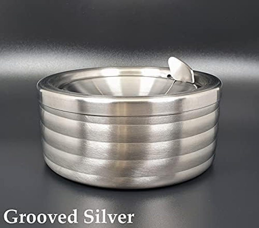 Grooved Silver Classic Metal Ashtray with a Lid for Cigarettes - Windproof Outdoor Ashtrays Can Patio Outdoor Indoor Decorative Fancy Ash Tray image number 3