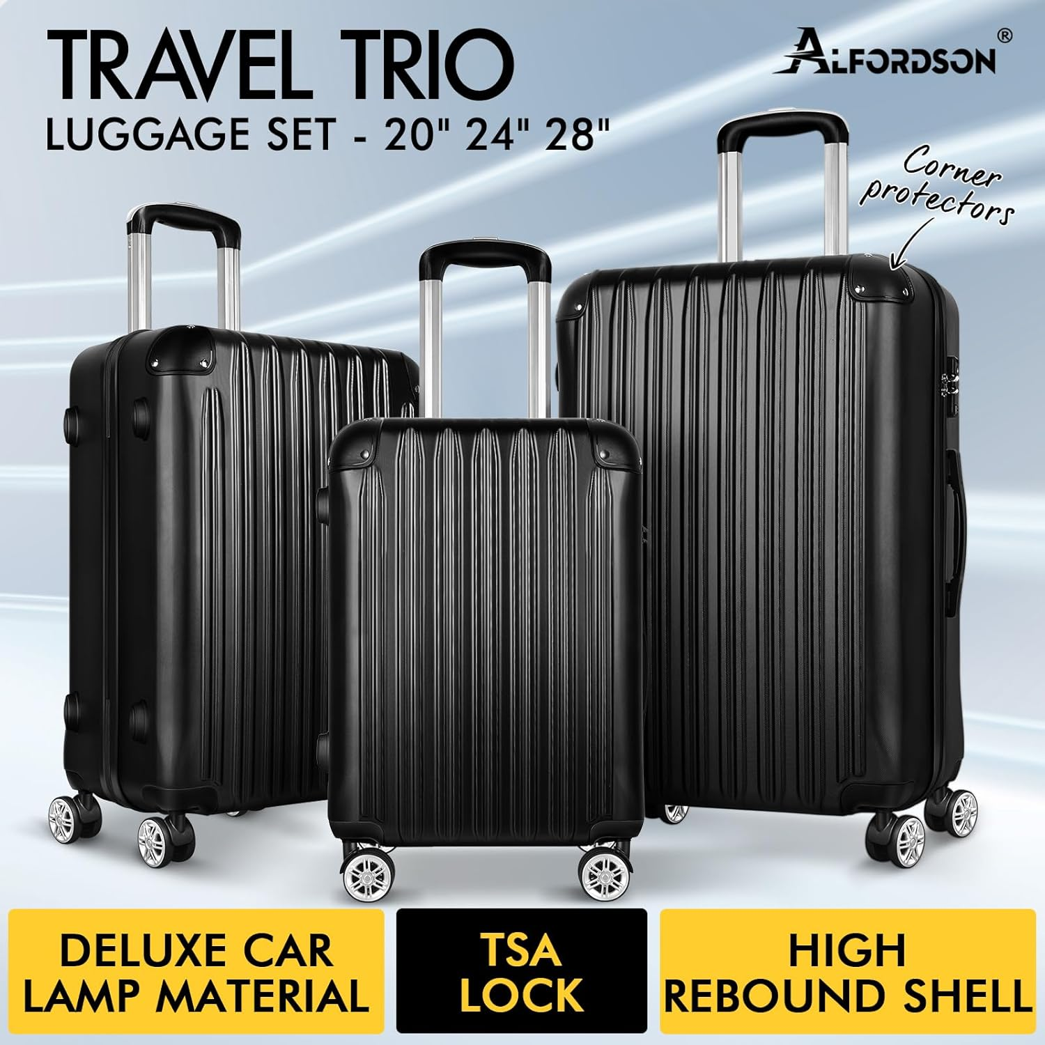 ALFORDSON 3Pcs Hardside Luggage Set 20" 24" and 28" Black Color, Hardshell Suitcases Set with Spinner Wheels, TSA Lock & Corner Protector, Carry-On & Checked Baggages Trio Pack image number 2