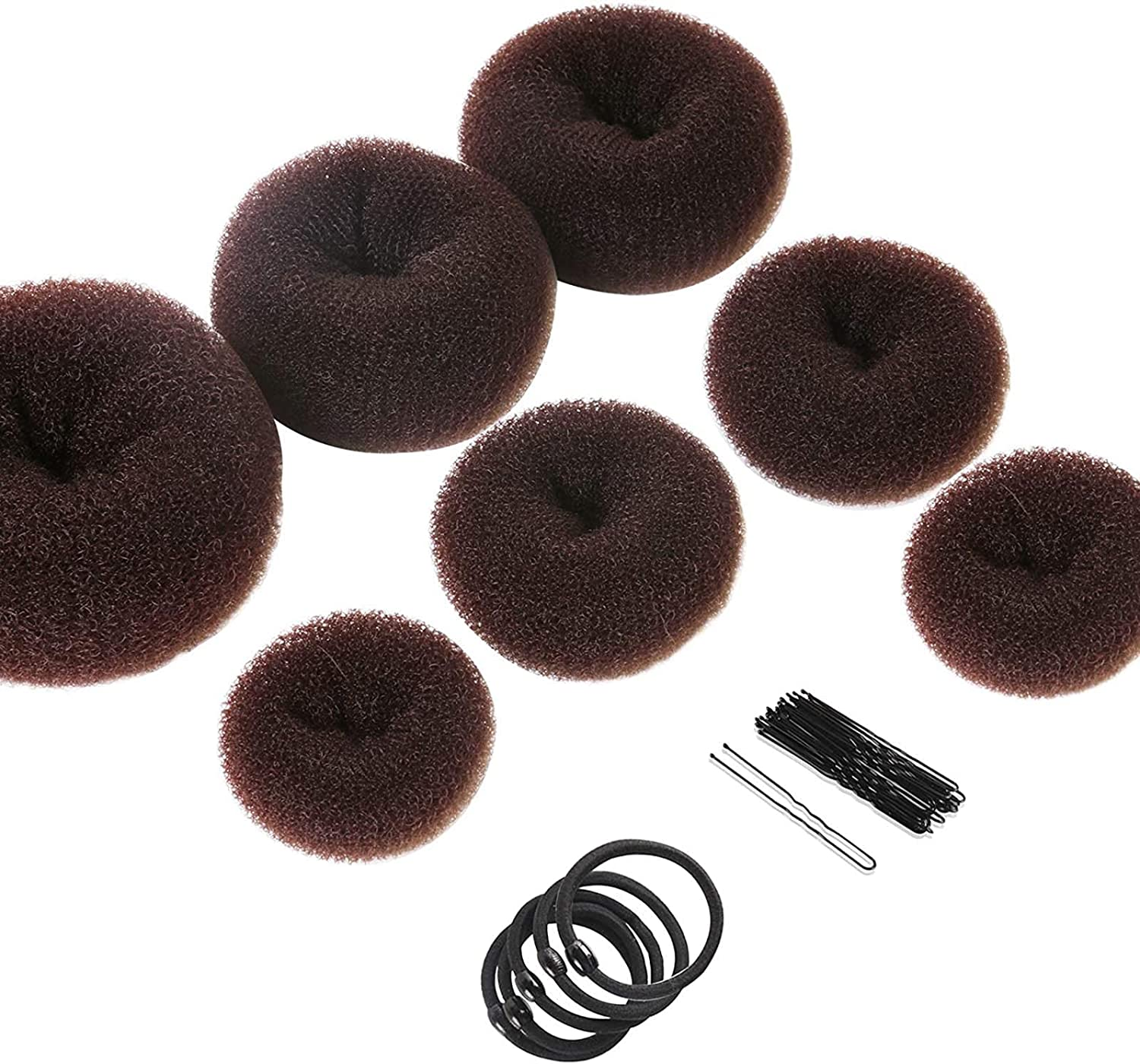 BEETIY Donut Hair Bun Maker Set 7 Pieces, DEVVIS Magic Ring Style Bun Shaper Tool Kit Donuts Snap Bun Makers Ponytail Hair Tool for Women Girls (1 Extra-Large, 2 Large, 2 Medium and 2 Small) 5 Pieces Hair Elastic Bands, 20 Pieces Hair Pins image number 4