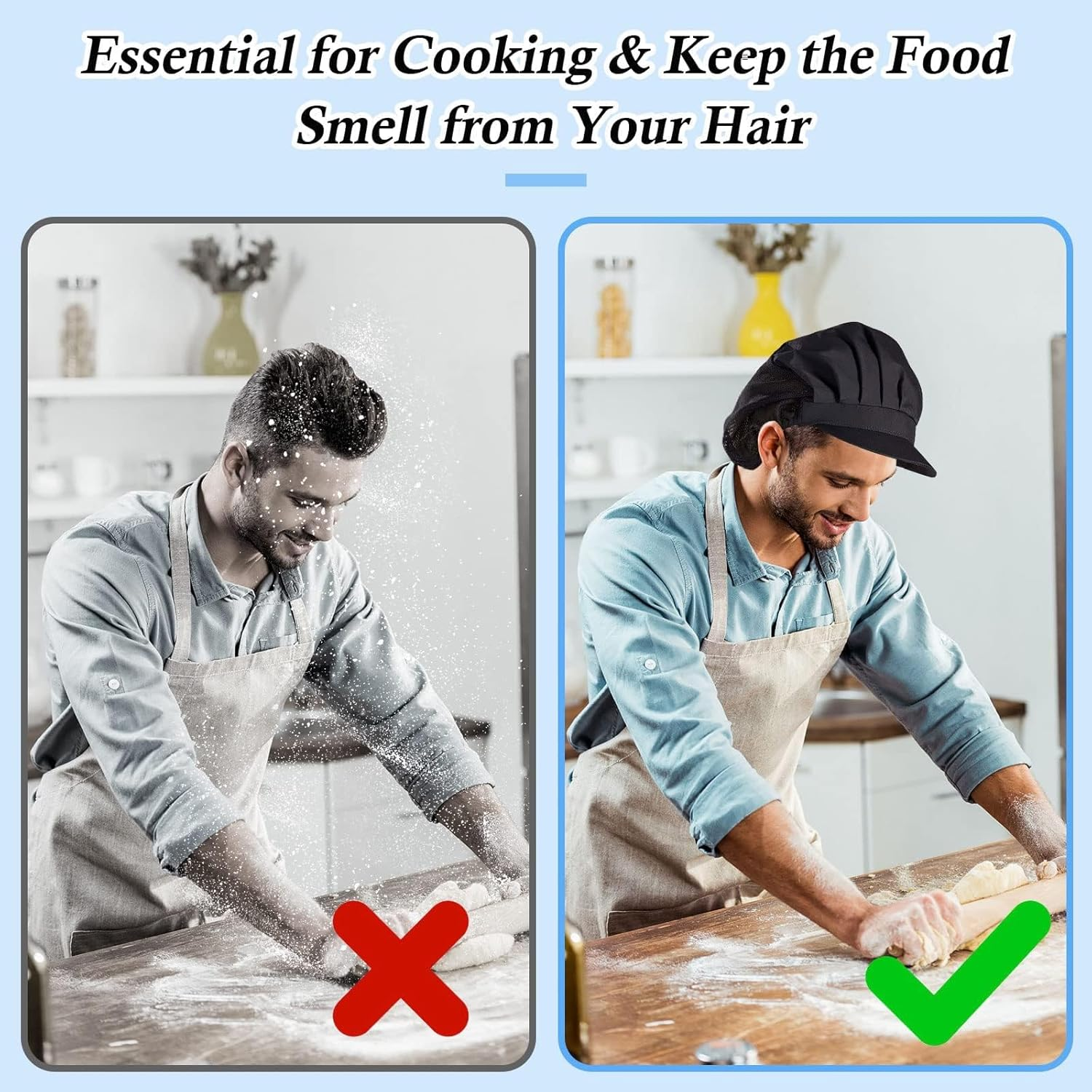 Hair Nets with Brim, 2PCS Elastic Chef Hats for Women & Men, Kitchen Hairnets for Food Service, Adjustable Black image number 4