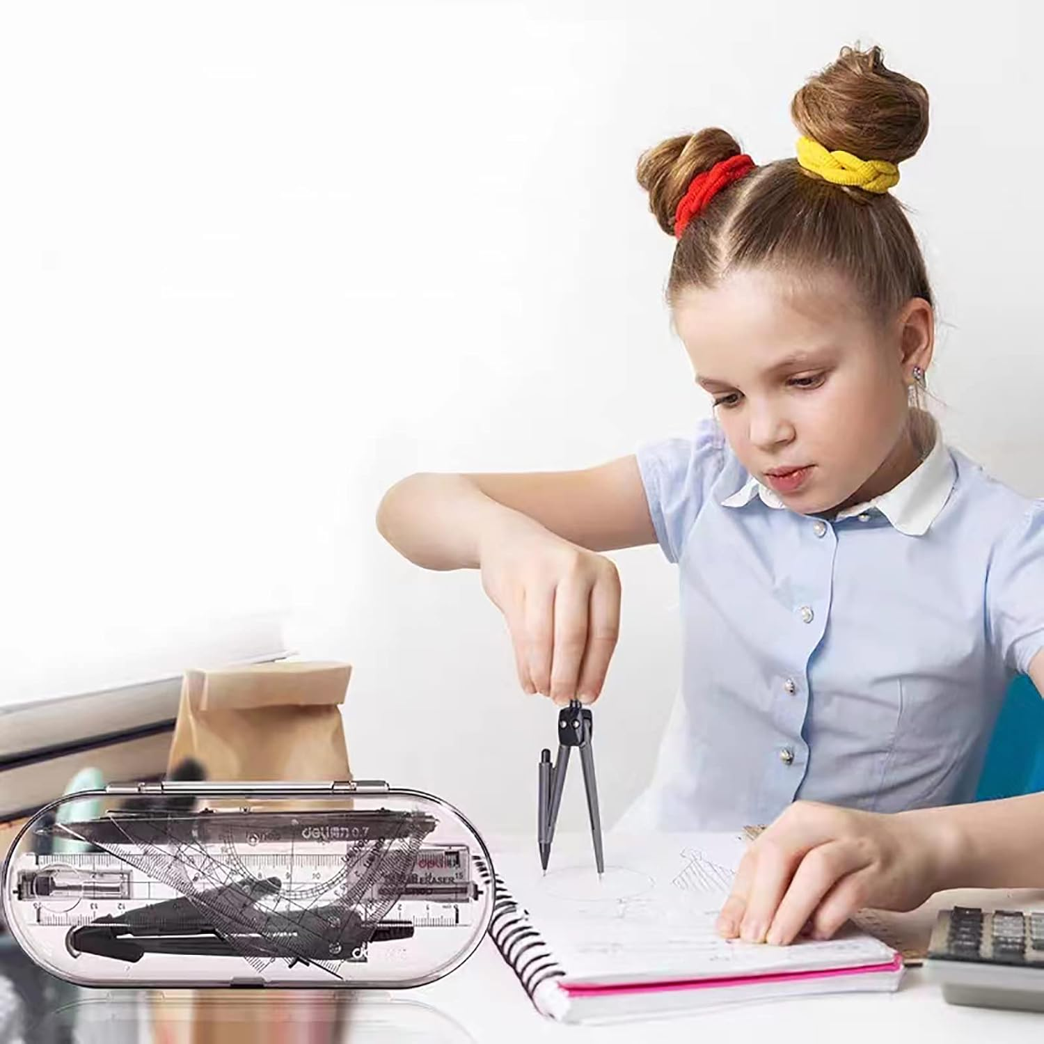 Compass Set Geometry Set 8-Piece Protractor Set Geometry Set Pencil Maths Set Geometry Compass School Compass Geometry Compass Maths Geometry Tool with Pencil Case image number 1