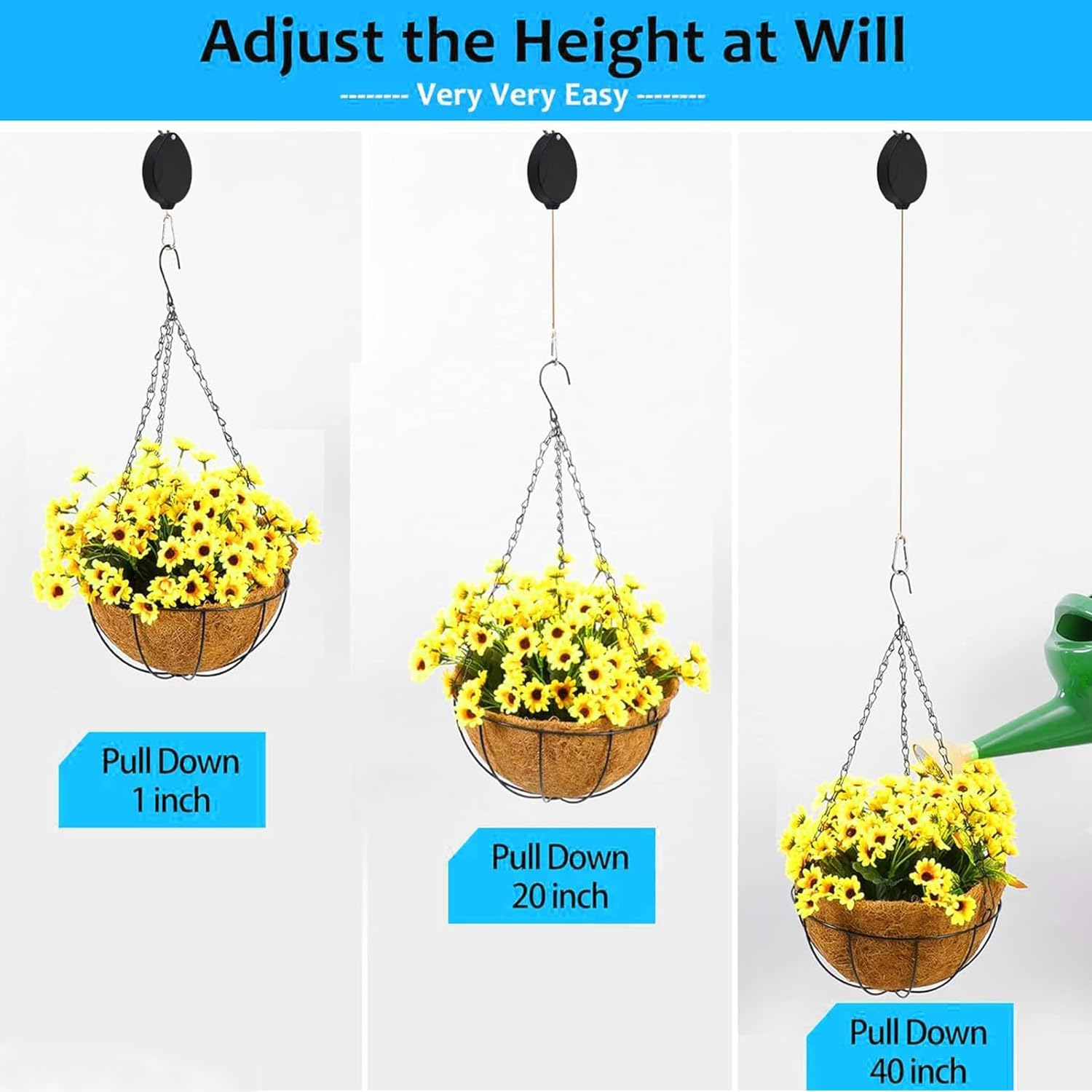 2PC (Black)Heavy Duty Retractable Hangers, Adjustable Climbing Hook for Garden Baskets Watering, or Bird Feeders,Stainless Steel Rope, Plant Pulleys for Hanging Plants, Auto Plant Holder,Plant Hanger image number 6