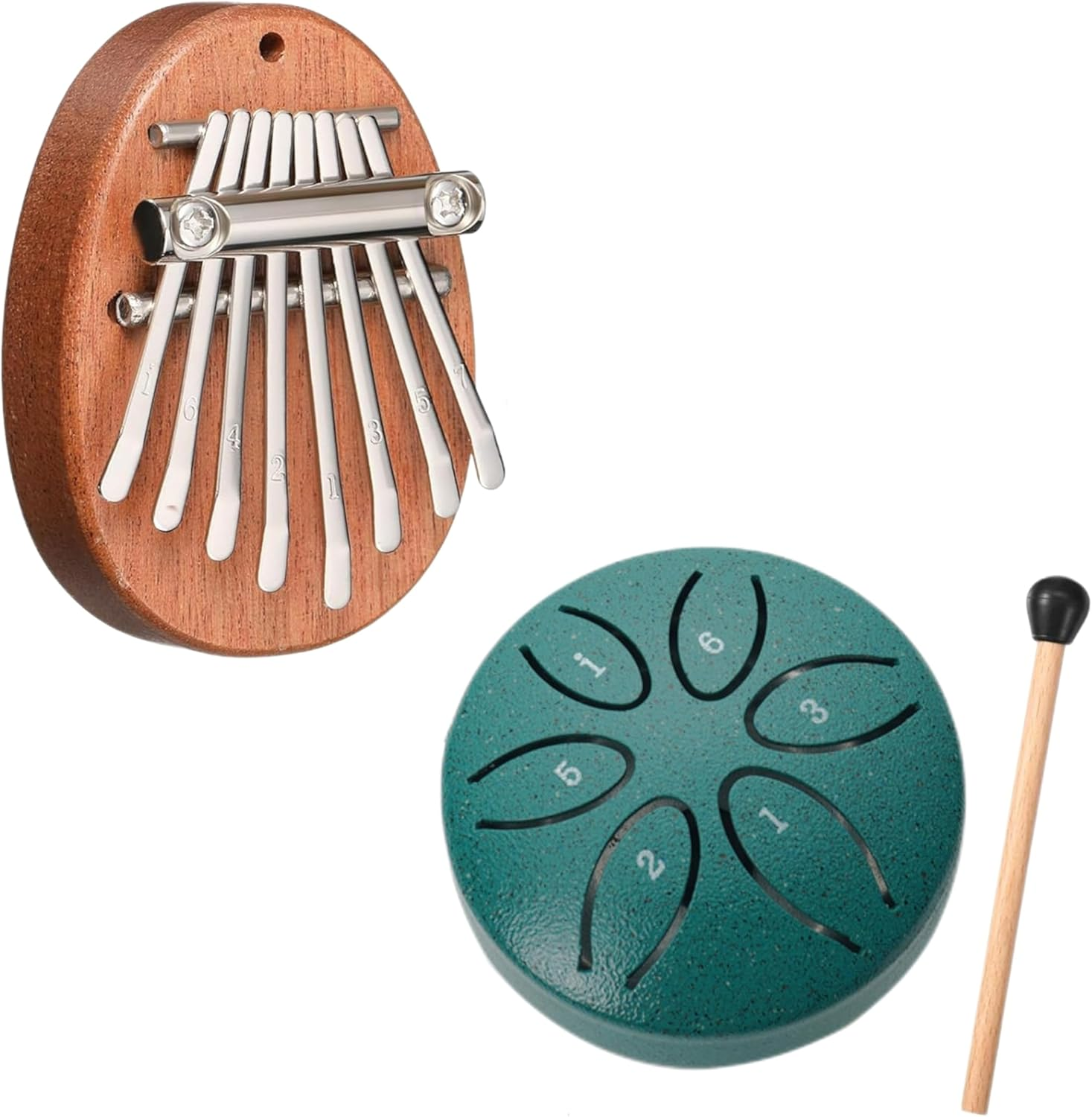2 PCS Mini Musical Instruments,Mini Kalimba and Mini Rain Drum,8 Keys Mini Finger Thumb Piano and 6-Note Steel Tongue Drum,For Adult Kid Musical Education (Green)
