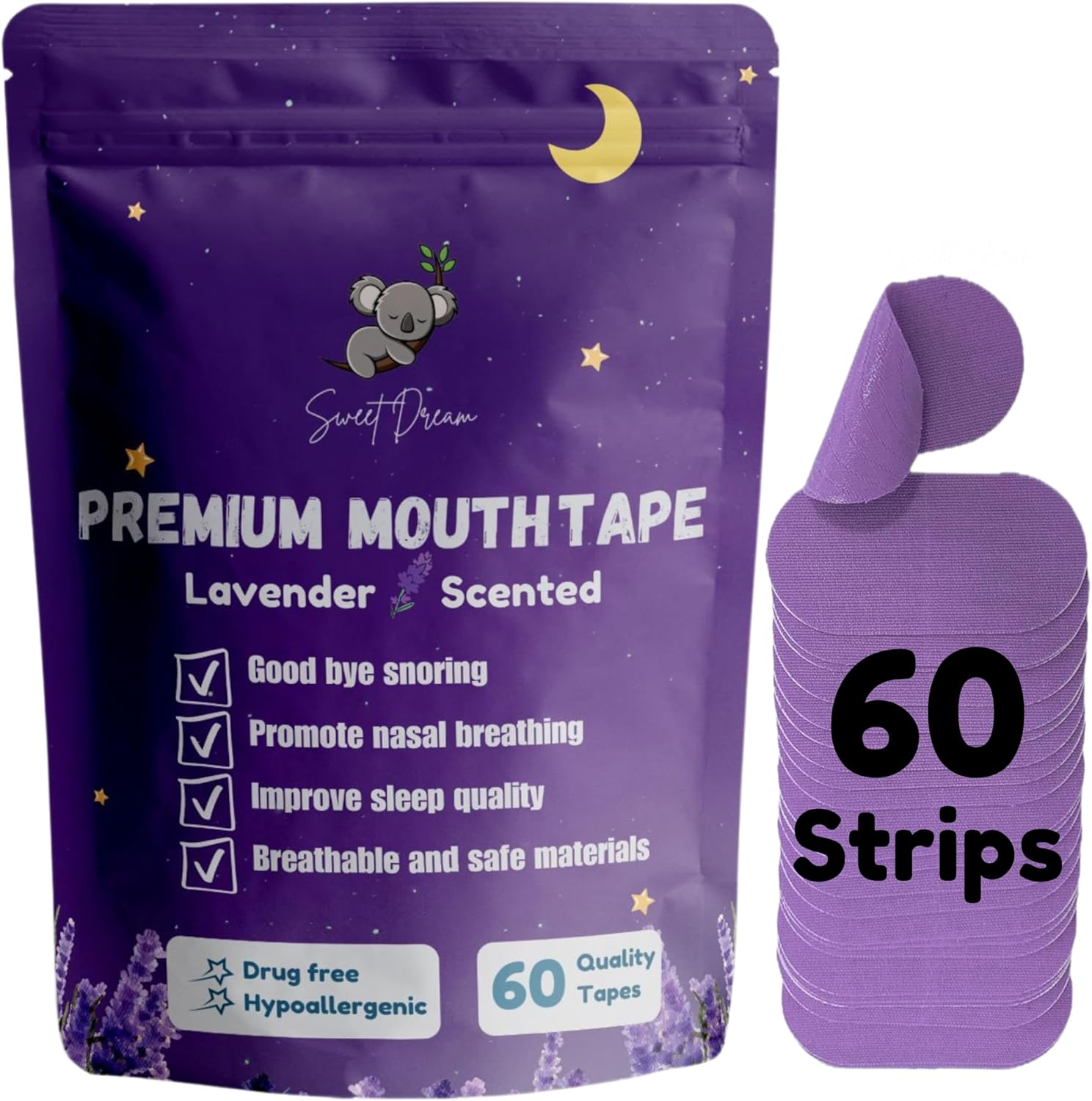 Lavender Scented Mouth Tape for Sleeping - anti Snoring Device & Snore Reducing Aid - Sleep Strips for Nasal Breathing, Promote Nose Breathing - Hypoallergenic Sleep Tape - Strong Medical-Grade Adhesive &ndash; 60 Counts. image number 1