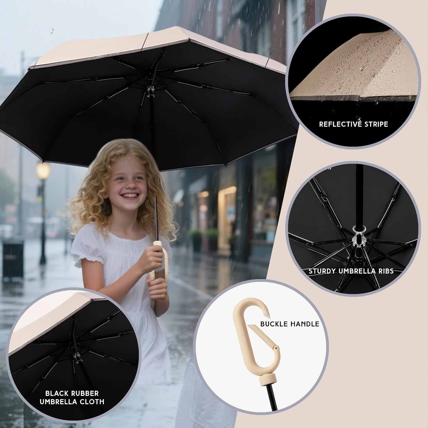 Foldable Windproof Ring Buckle Umbrella with Protect the Reflective Strip Rain and Sun Weather Resistant UV Guarded Sophisticated Manual 8-Bones Umbrella for Travel and Work - Blue image number 3