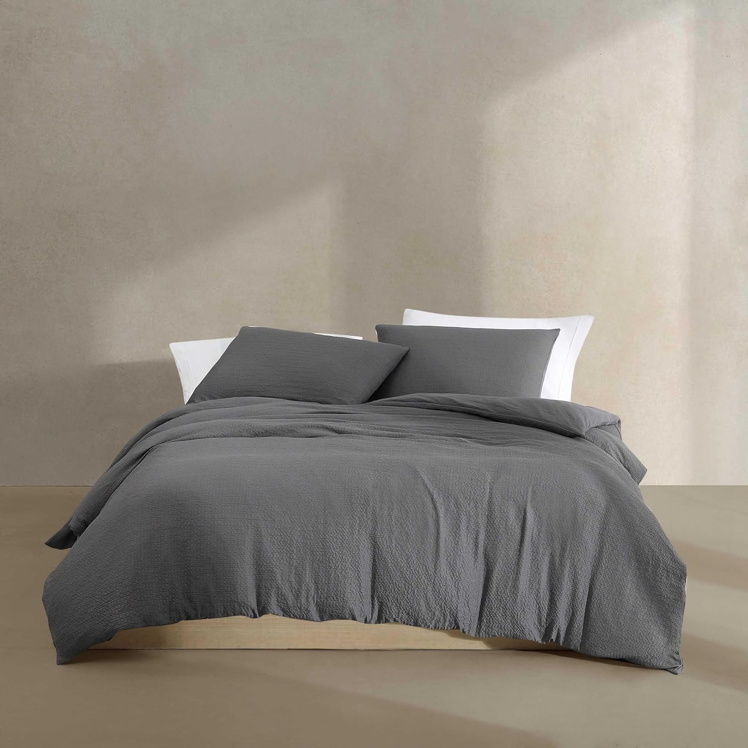 Calvin Klein - Queen Duvet Cover Set, Super Soft Textured Bedding with Matching Shams, Reversible Home Decor, Oeko-Tex Certified (Seersucker Dark Grey, Queen)