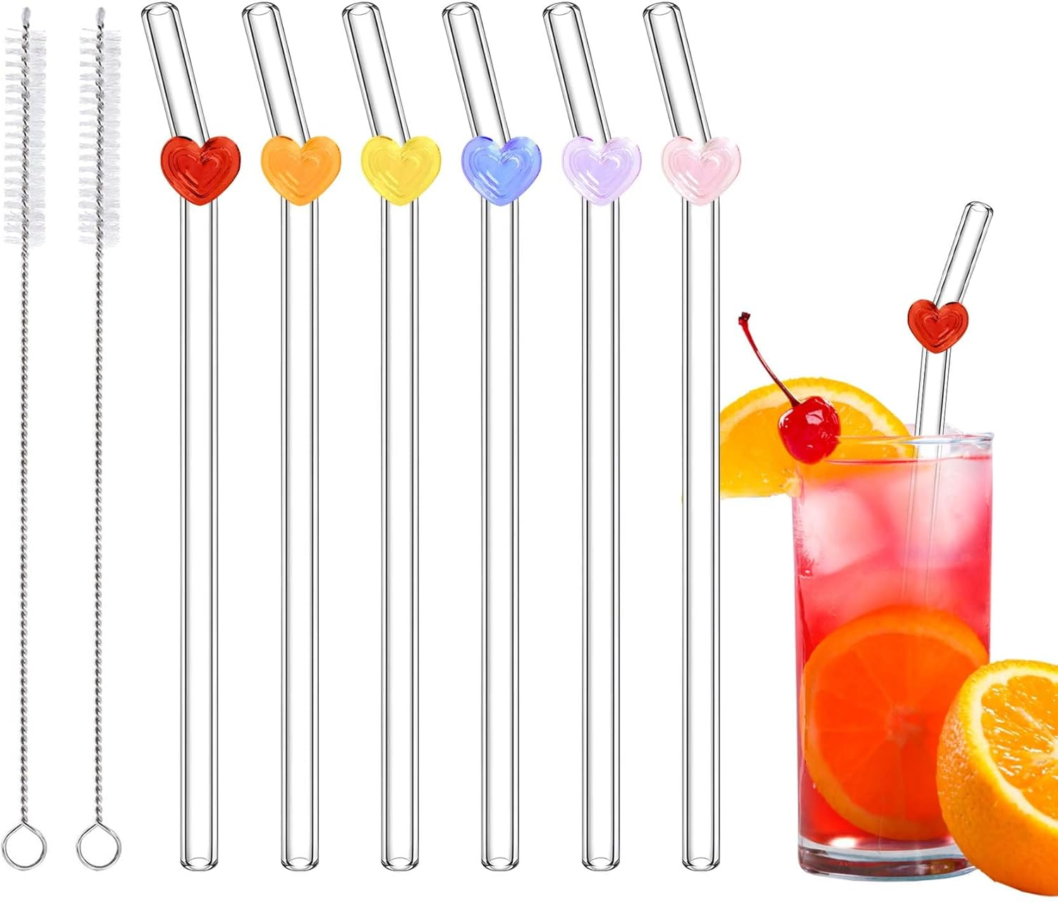 6 Pcs Glass Straws with 2 Cleaning Brushes, Cute Colorful Heart Shaped Bent Glass Straws Shatter Resistant, Reusable Love Straws Charm for Coffee Lover, Milkshake, Smoothies, Juice, Aesthetic Gift image number 2