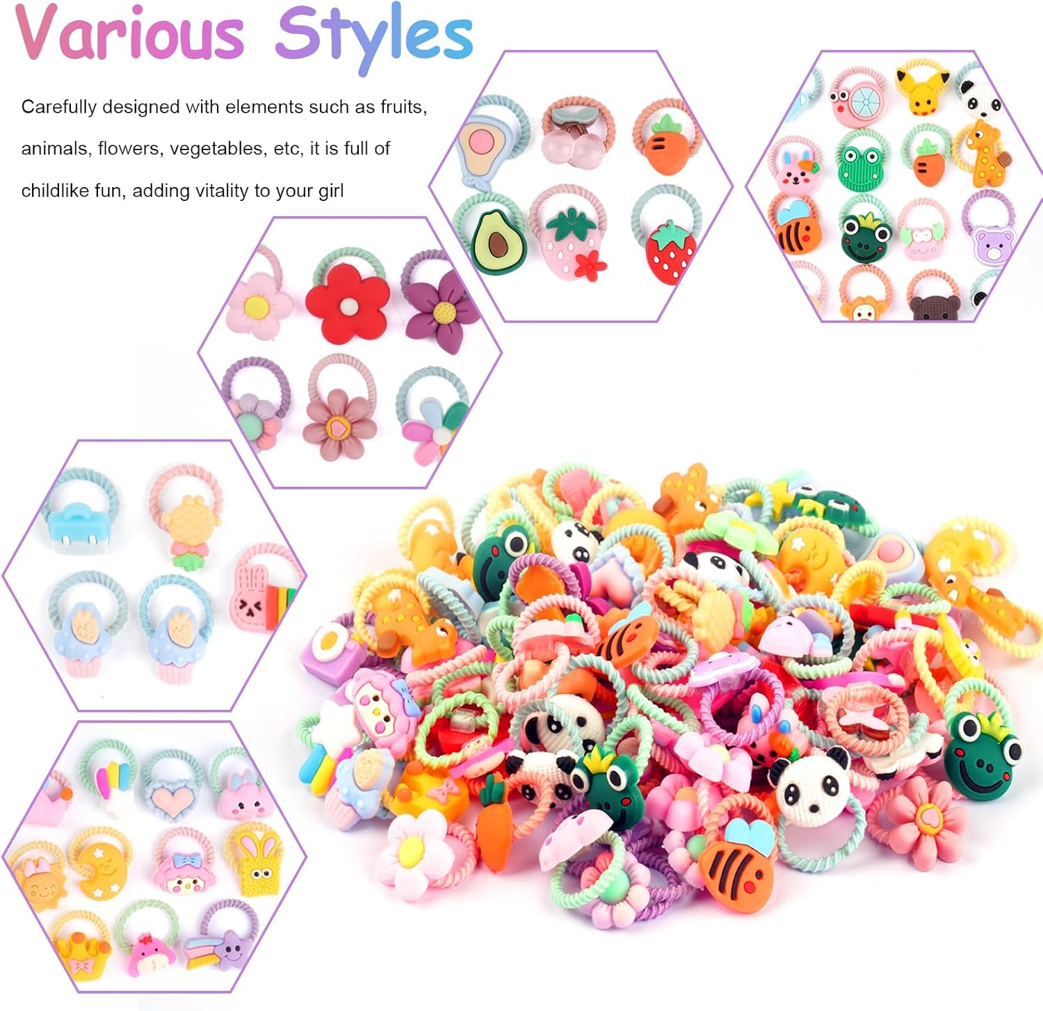 Pack of 100 Colourful Hair Bobbles Girls Elastic Baby Hair Bobbles Cartoon Hair Bands Girls Kids Hair Bobbles Small with Bows, Animal, Flower and Fruit Patterns image number 6