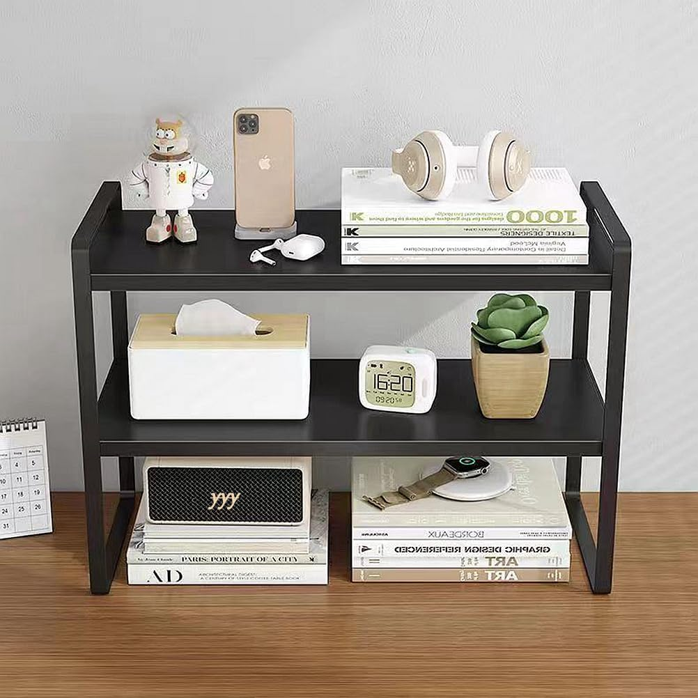 Iron+Wood Student Desktop Clutter Storage Bookshelf, Office Computer Desk Deskt File Organizer Rack 2-Tier Cabinets Shelf (Black, 2-Tier), 014-8 image number 1