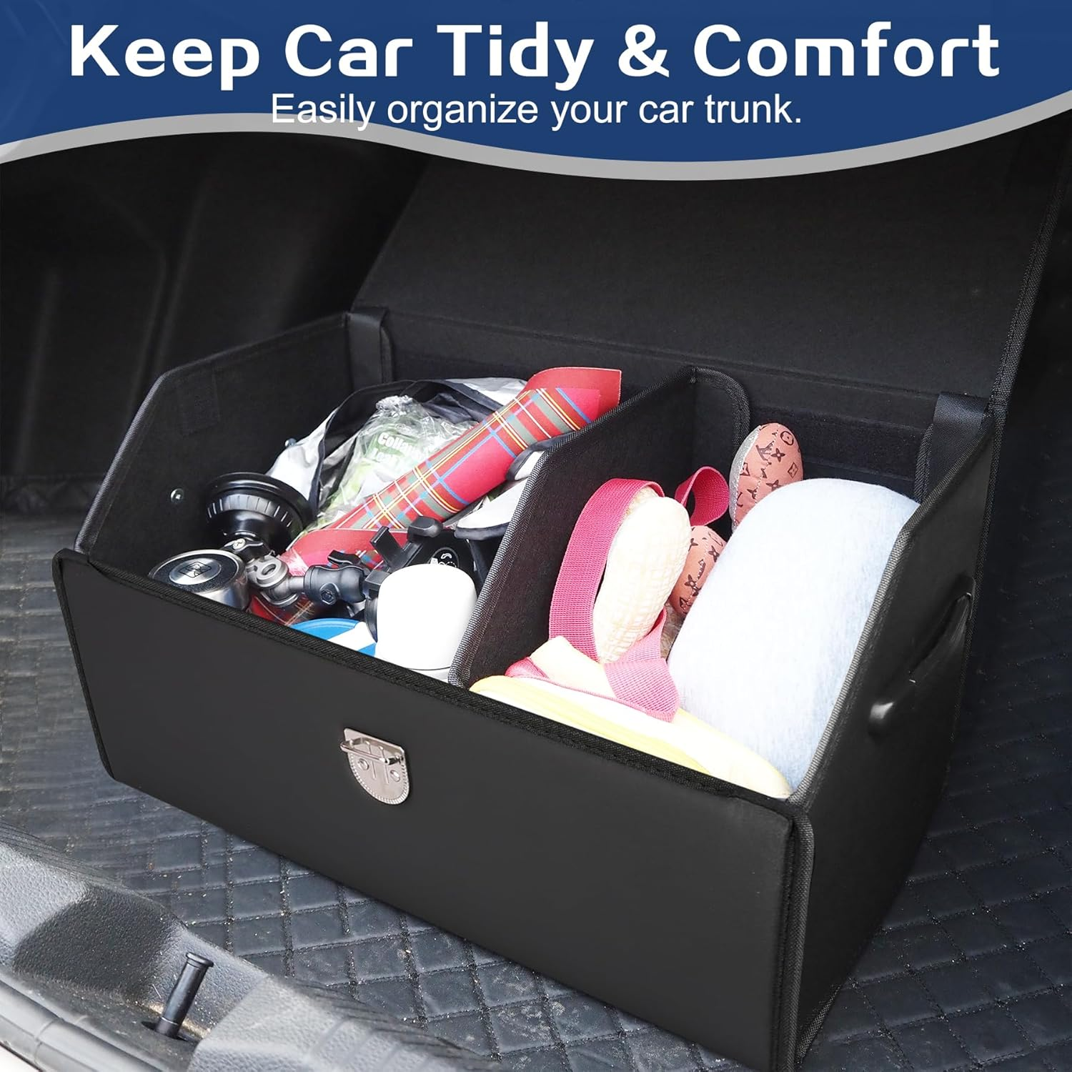 Trunk Organizers for Car, Boot Organizer for Suvs, Leather Storage Box for Sedan, Button Lid, Collapsible Adjustable Compartment Boot Tidy Organizer Accessories for Sedan Pickup Truck RV (Black)