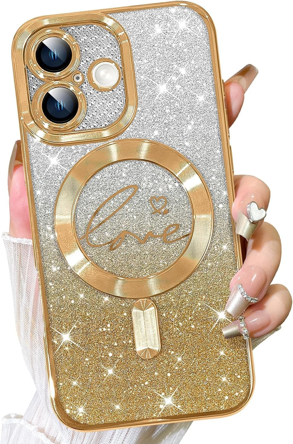 ELEPIK for Iphone 17 Case with Camera Protector, [Full Camera Cover Protection] [Compatible with Magsafe] [Love Heart Plating] [Glitter Bling Plating] Clear Magnetic Slim Phone Case, Gold image number 6