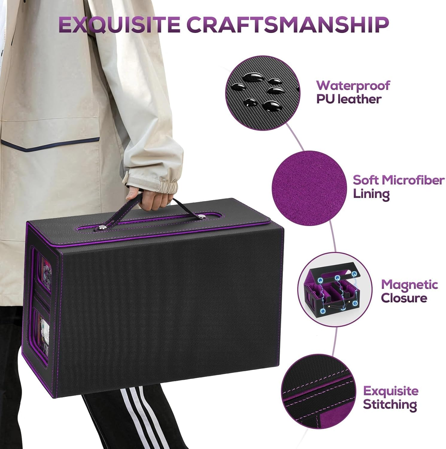 Cyperever Trading Card Storage Box for MTG, Card Storage Box with Commander Display, Multi-Purpose MTG Deck Box for Graded Storage with 4 Toploaders, 8 Stoppers, 8 Dividers (Black & Purple) image number 1