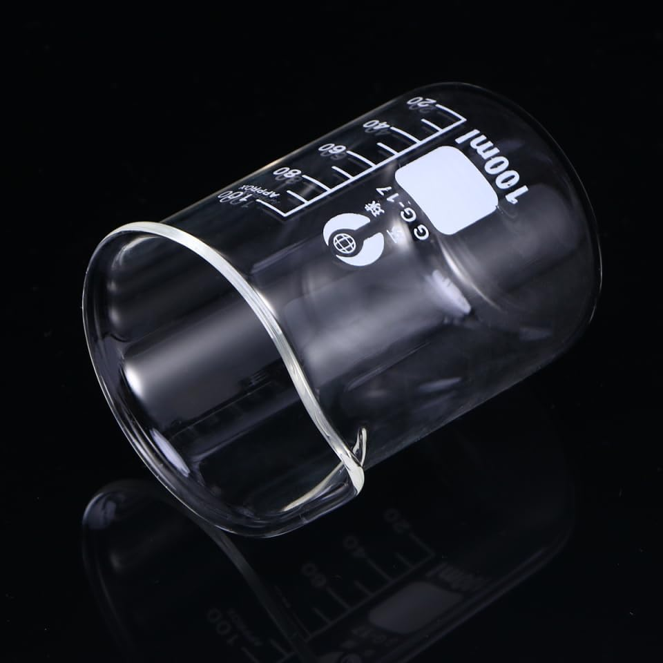 TEHAUX 2Pcs Glass Beaker, 100Ml Graduated Borosilicate Measuring Cup Chemistry Beaker with Spout Small Cup Equipment for Lab Glassware Scale Liquid Measurement image number 1