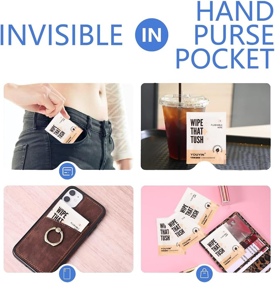 Flushable Toilet Tissue Wipes,30 Pcs Toilet Wet Paper Bulk Individually Wrapped Wipes,Pocket Size Travel Bathroom Daily Use Butt Body Hand Face Wipes for Women Men,Septic and Sewer Safe