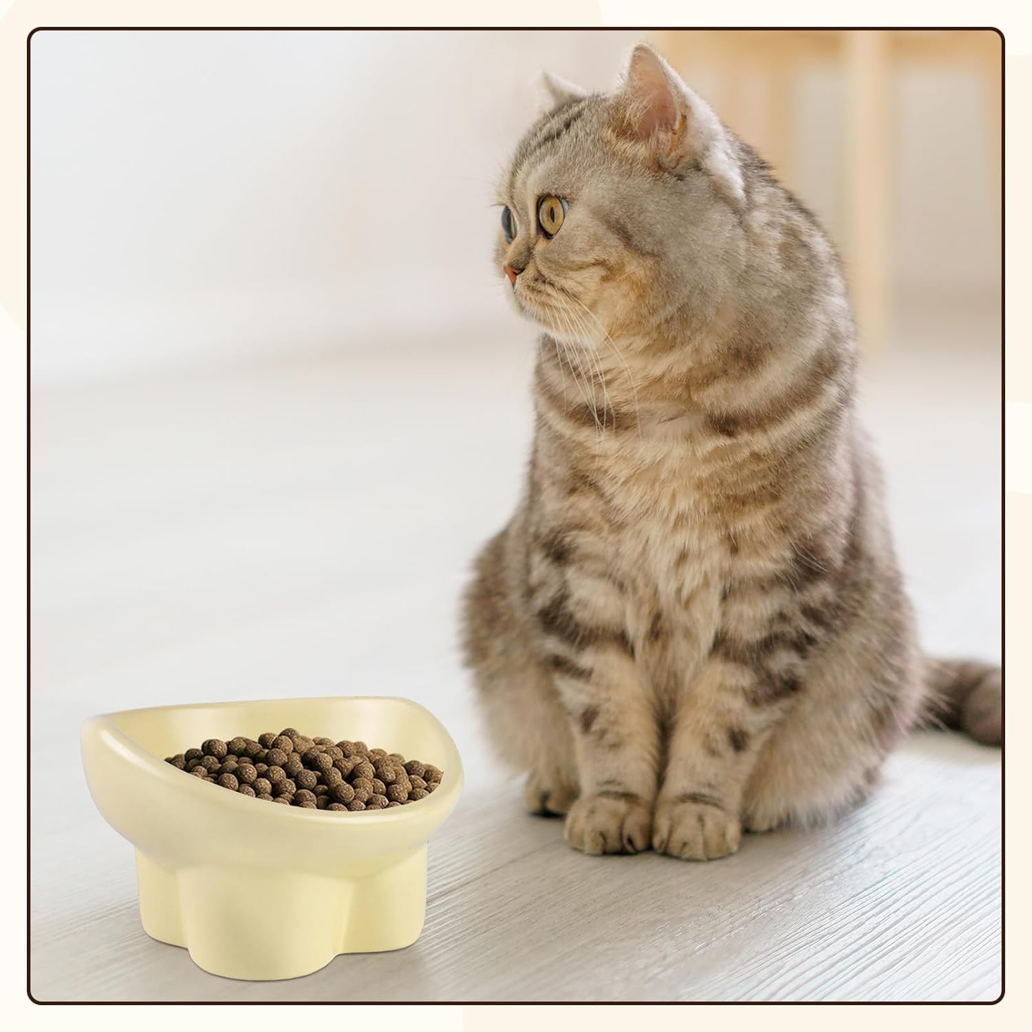Ceramic Cat Bowl Elevated 5.7In anti Vomit Raised Cat Bowl Yellow round Design Comfortable Feeding Bowl for Cats and Small Pets