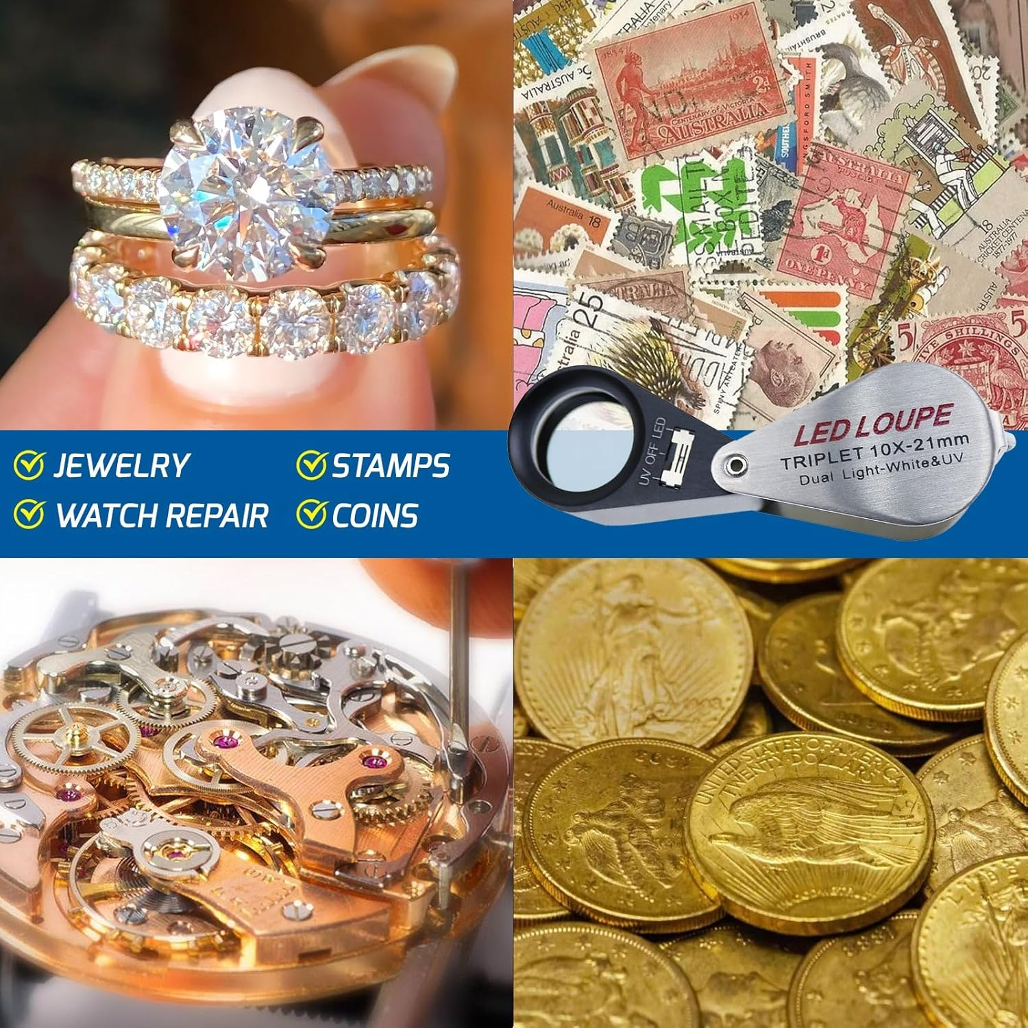 Gain Express Jewelers Loupe Magnifier, Jewelry Loop Magnifier with Light, Hastings Triplet Loupe 10X for Coin, Gem, Stamp, Diamond Etc (White LED & UV Light) image number 5