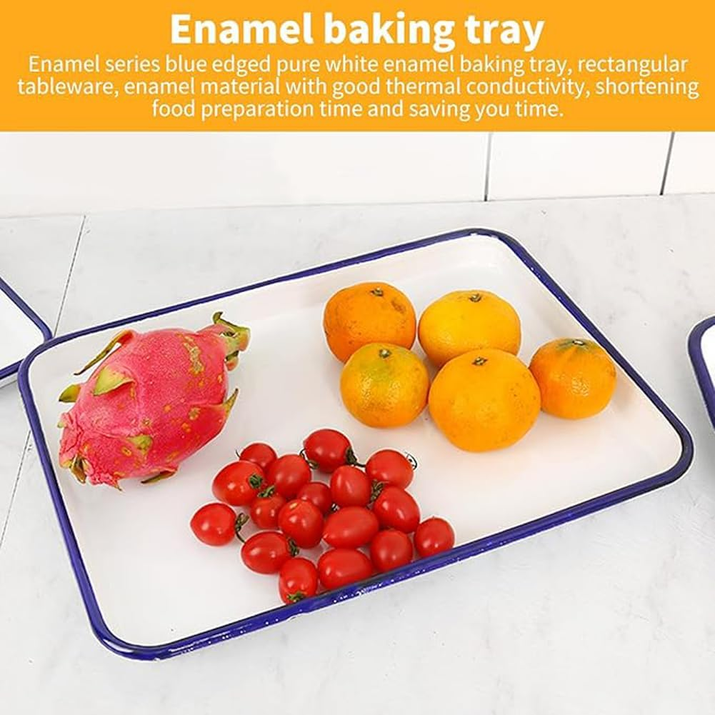 Enamel Oblong Tray - Pie Dish Container, Rectangular Plate for Fruit, Vegetable, Cake, Lasagna - Baking Pan for Oven, Stove, Dishwasher - Laboratory and Restaurant Use