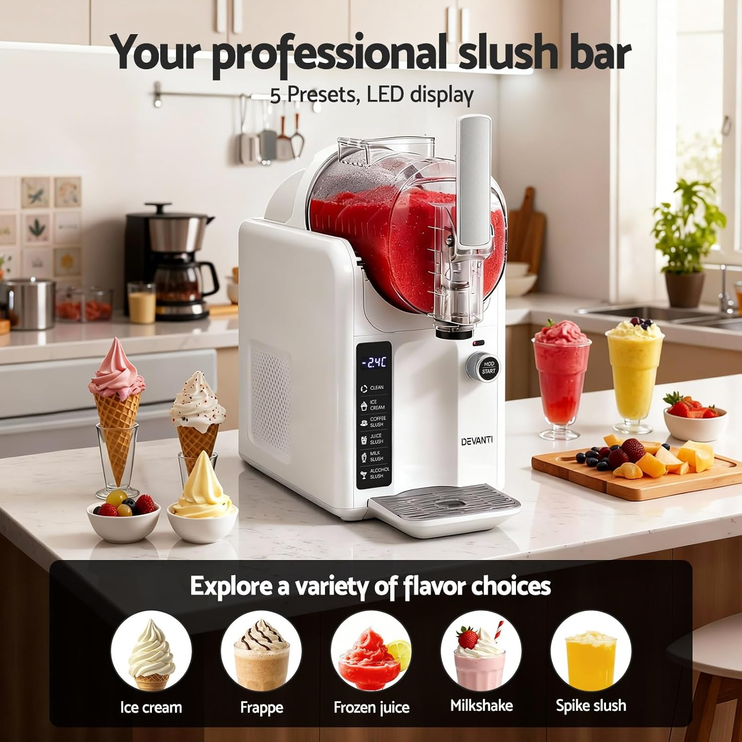 Devanti Slushie Machine Australia & Ice Cream Maker, 2L Large Slushie Maker, 20-Min Fast Cooling & One-Touch Cleaning, Ideal for Homemade Cocktails, Smoothies, Soft Ice Cream & Milkshakes, White image number 4