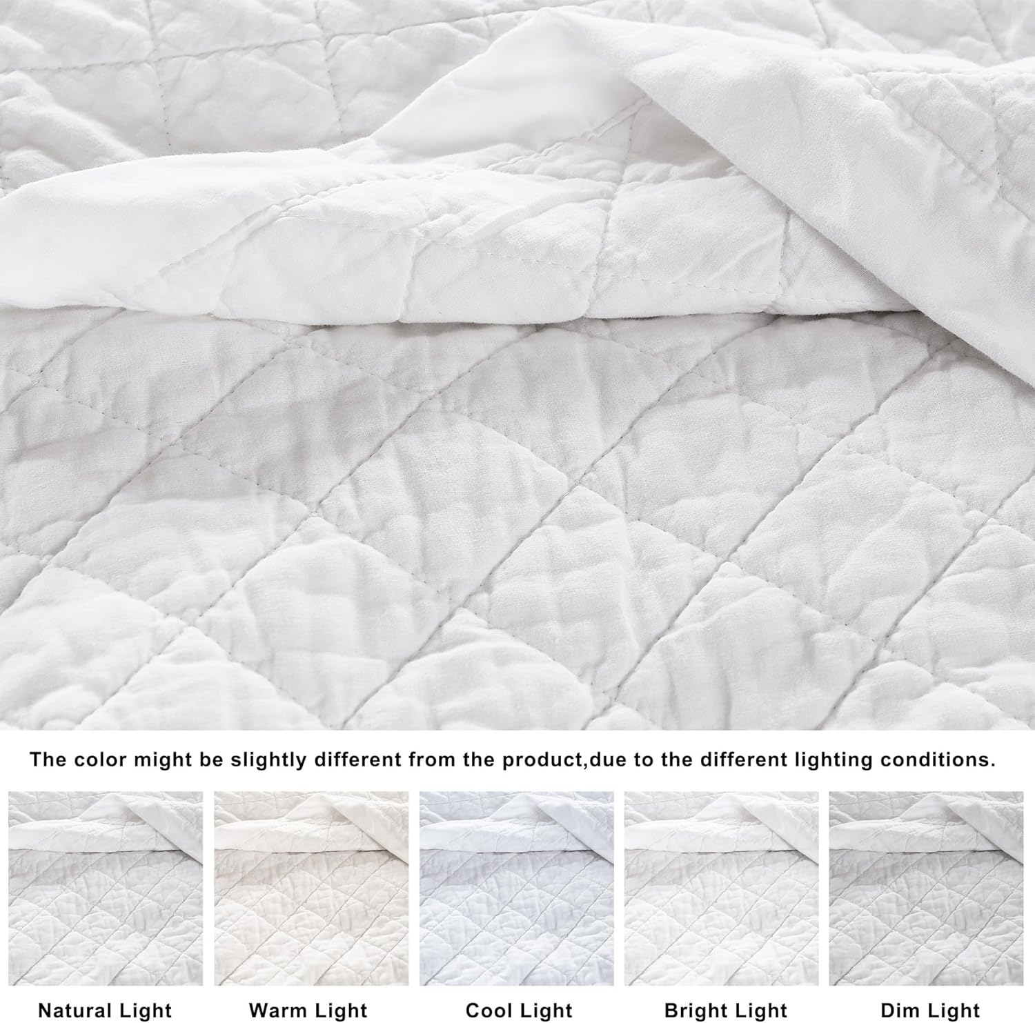 WDCOZY 100% Pre-Washed Cotton Oversized King Size Quilt Set - White California Cal King Soft Lightweight Bedspread, Textured like Linen, Farmhouse Country Rustic Coverlet, Diamond Stitch Bedding image number 5
