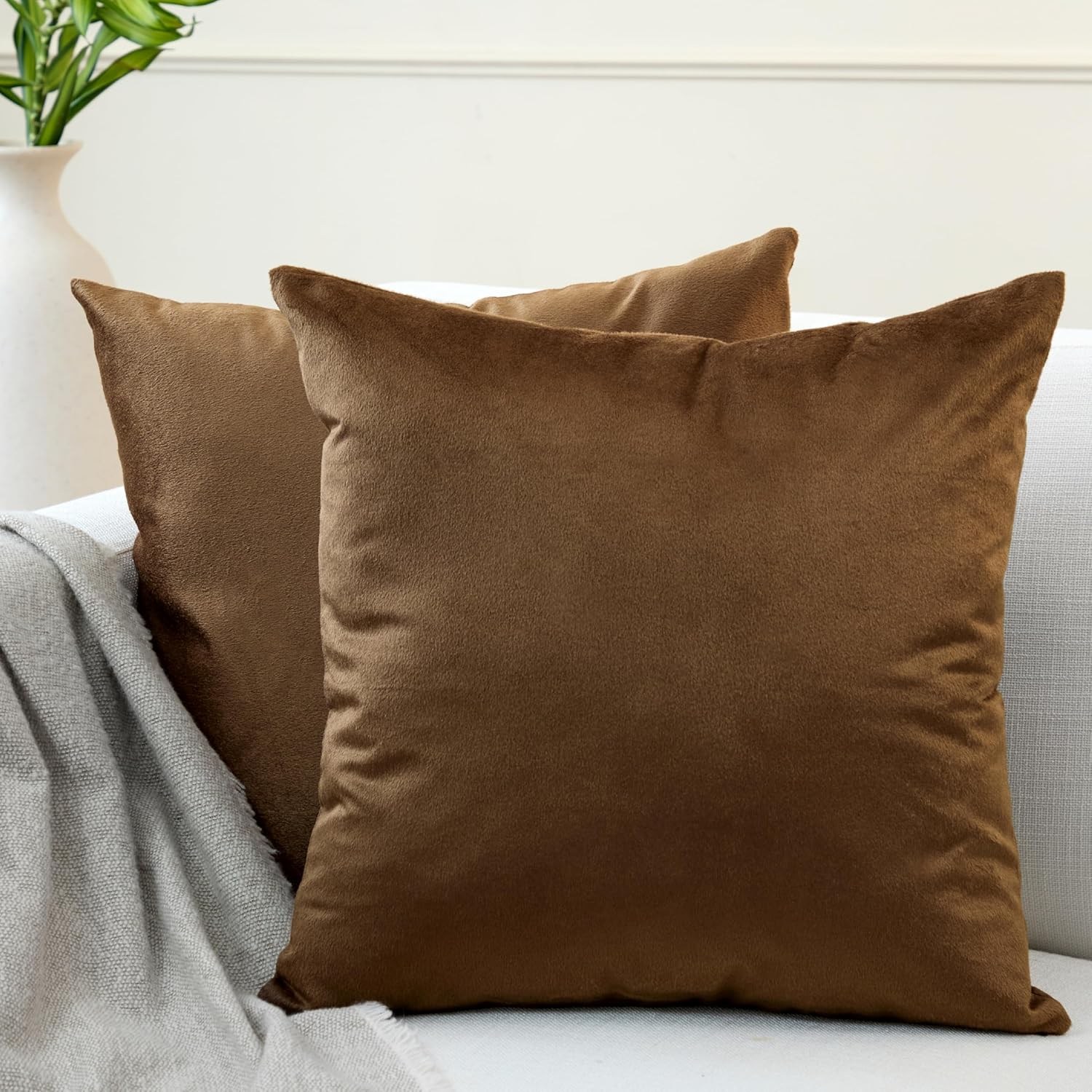 Encasa XO Velvet Cushion Cover Set of 2 Maroon 60X60 Cm Solid Plain Dyed Soft & Smooth Pillowcase | No Insert, Square Decorative Sham for Living Room, Sofa, Bedroom