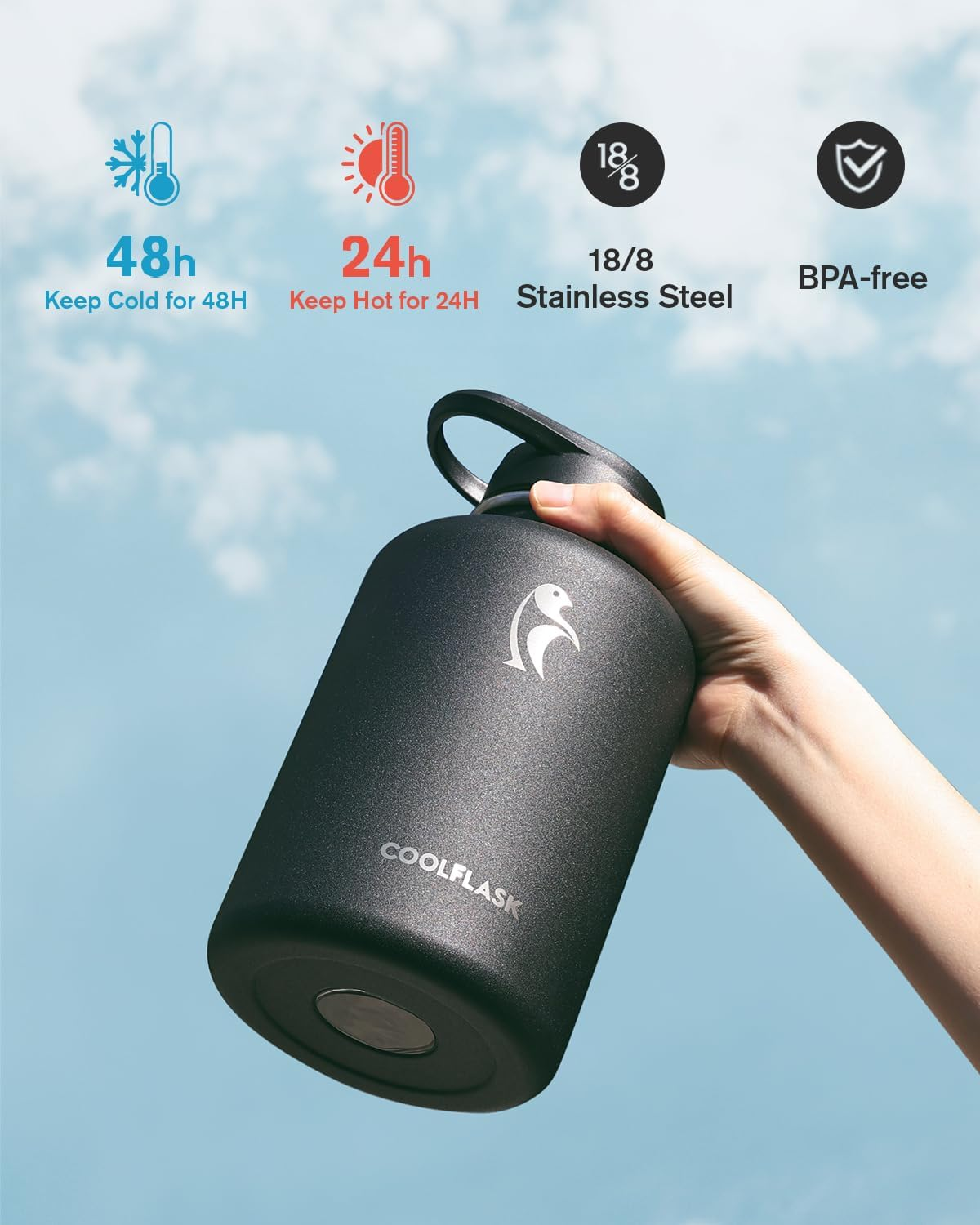 Coolflask 64 Oz Insulated Water Bottle with Strap & Sleeve, Half Gallon Water Jug 3 Lids Stainless Steel Multifunctional Flask Bpa-Free, Keep 48H Cold 24H Hot, Compact Yoga/Gym Bottle, Black image number 2