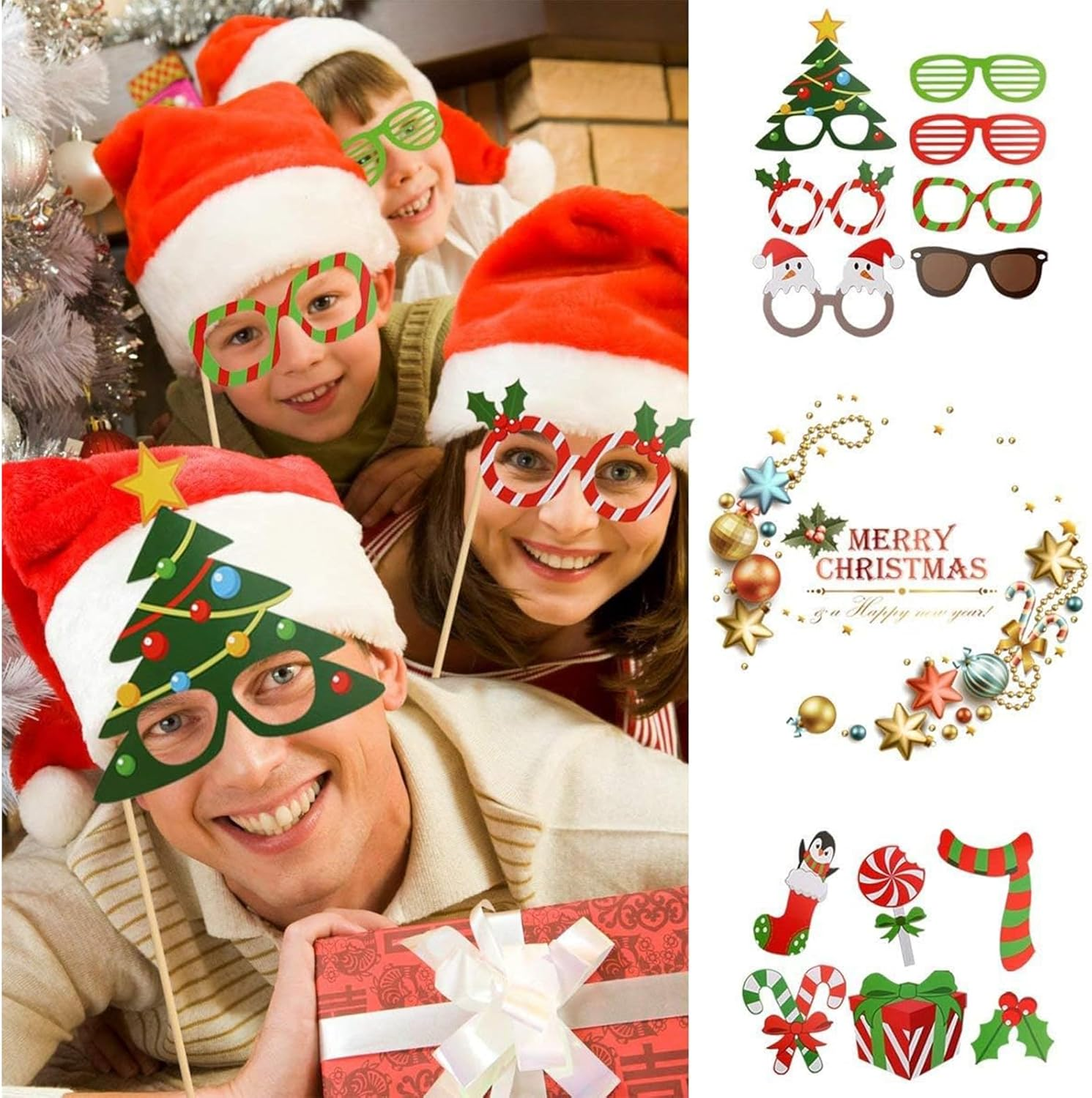 Christmas Photo Booth Props Kit(32Pcs) DIY Photo Booth Prop Pose Sign Kits for Adults Kids for Christmas Party Supplies (Christmas) image number 3