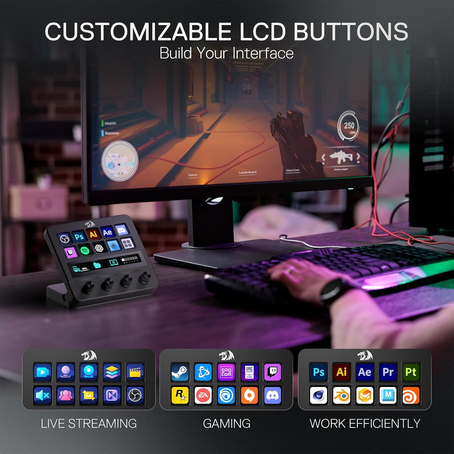 Redragon SS552 Stream Controller Deck - All-In-One Macro Pad with Customization Touch Strip, LCD Keys & Dials, Stream Station for Content Creators, Streaming, Gaming - PC & Mac Compatible image number 4