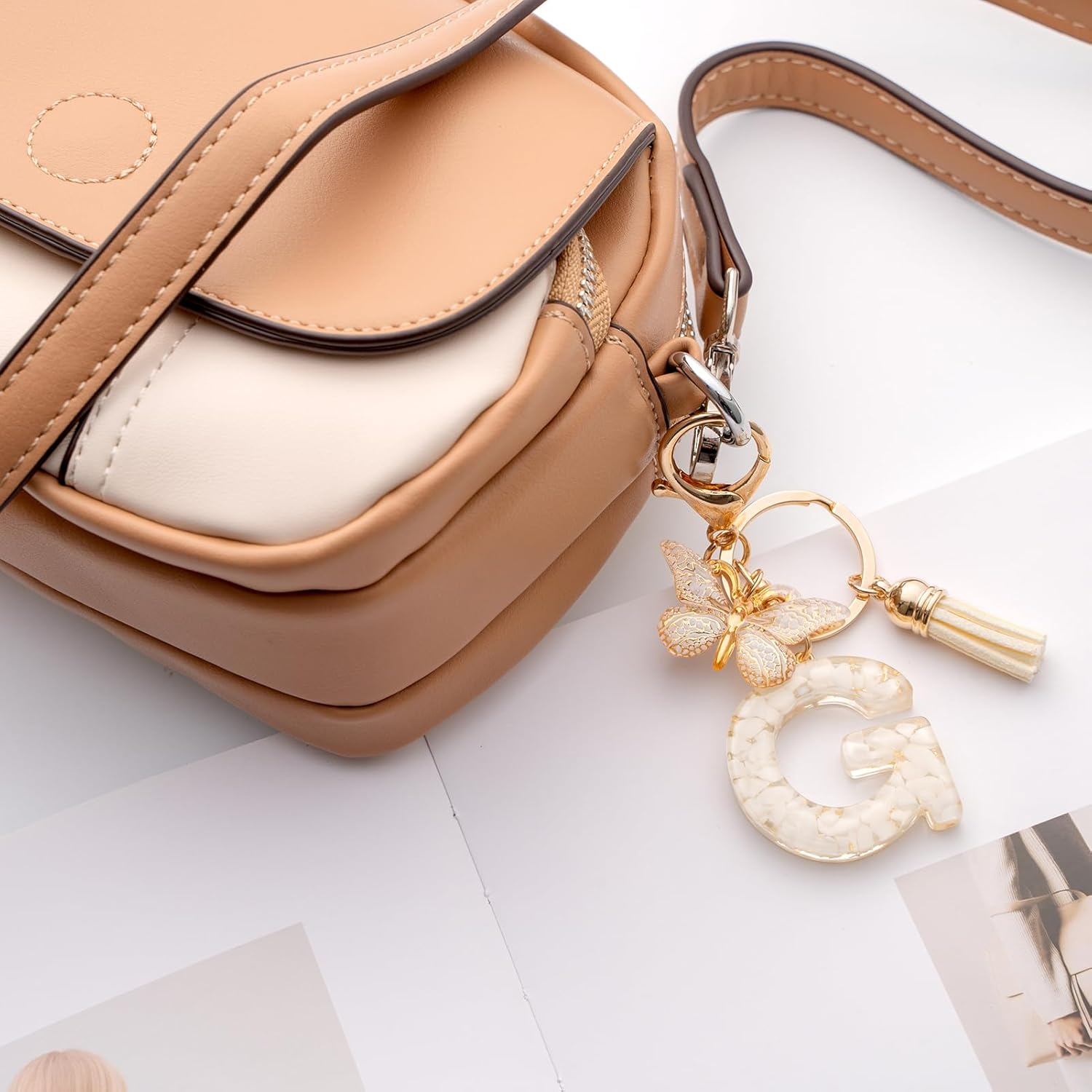 Letter Keychain Initial Keyring Key Chain Alphabet Key Rings for Women Girls,Beige - Beige-B image number 4