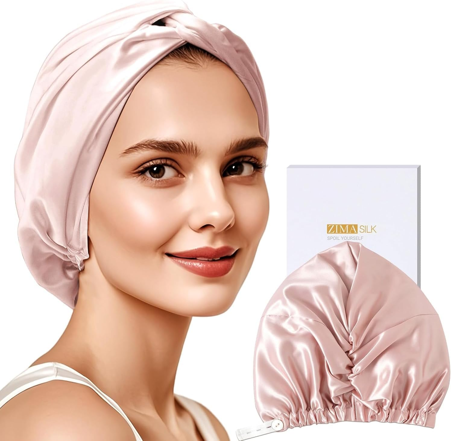 ZIMASILK 100% Silk Bonnet for Sleeping, 22 Momme Adjustable Mulberry Silk Cap for Women Hair Care, Double-Layered Highest Grade 6A Sleep Hair Wrap, Non-Slip Design (1Pc, Pink)