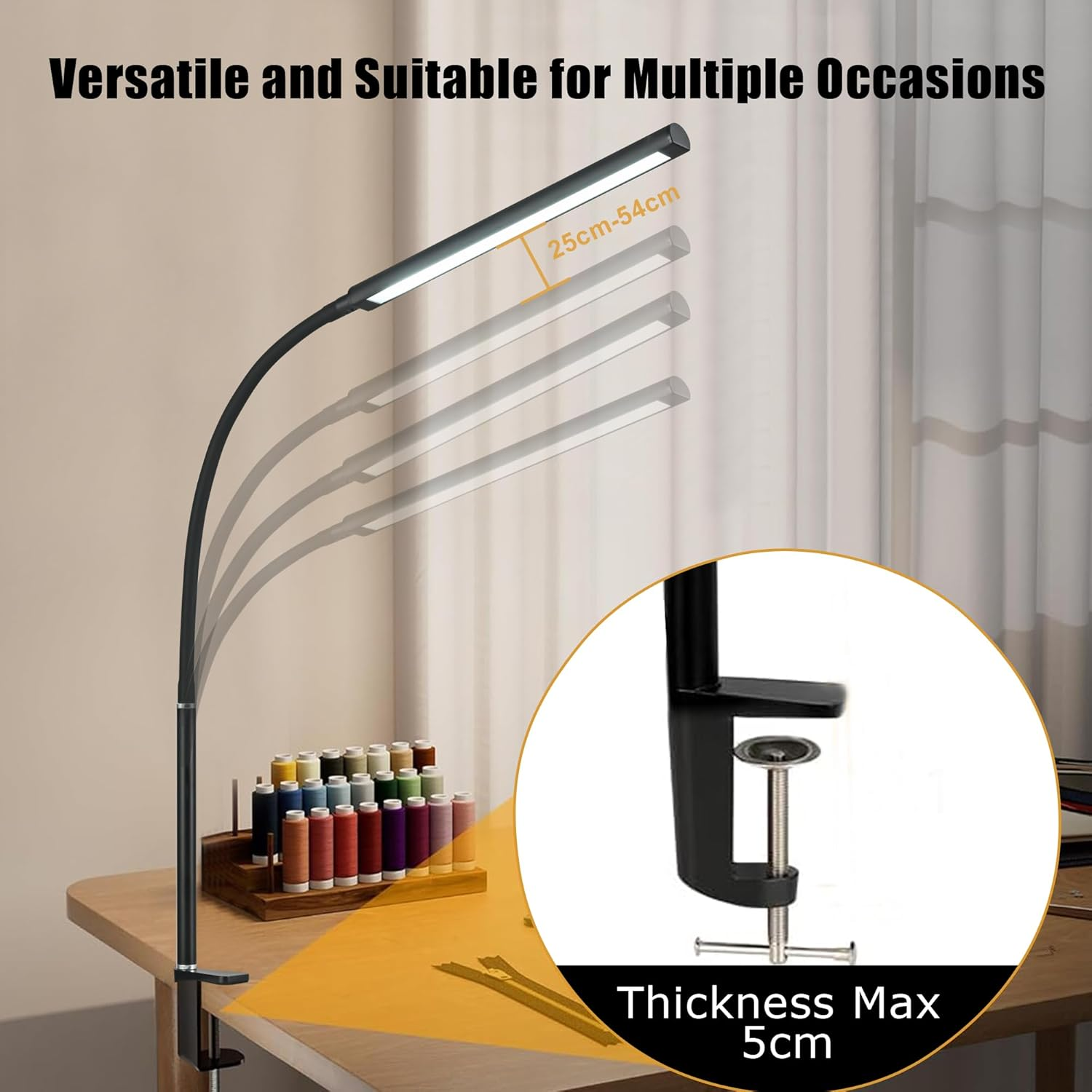 YOUYICI LED Desk Lamp with Clamp, Eye-Caring Clip Lights for Home Office, 3 Colors Stepless Dimming, Flexible Gooseneck Table Lamp with USB Adapter for Reading Working Workbench Drawing Gaming (Black) - Black image number 4