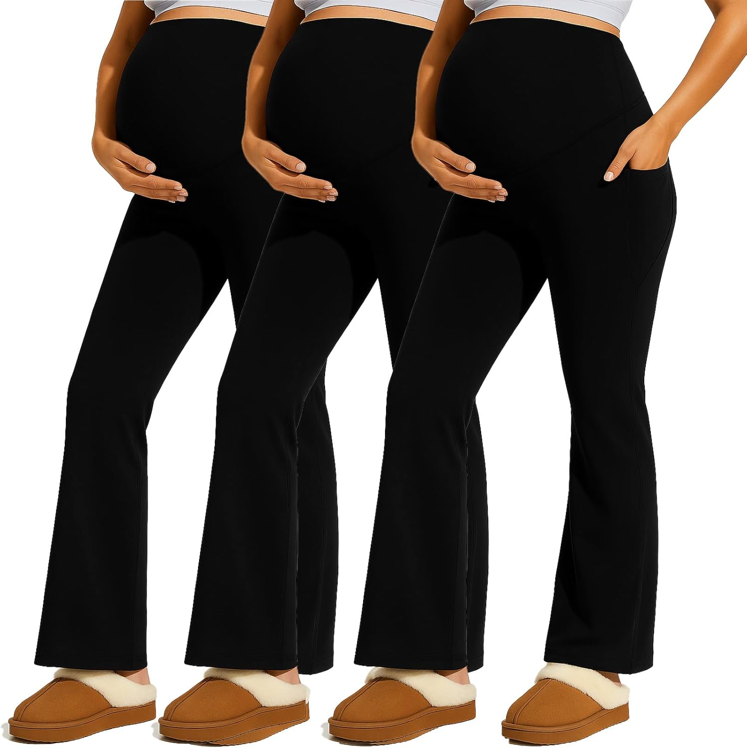 Coume 3 Pack Maternity Pants for Women Stretchy Pregnancy Flare Leggings with Pockets over the Belly Work Bootcut Yoga Pants