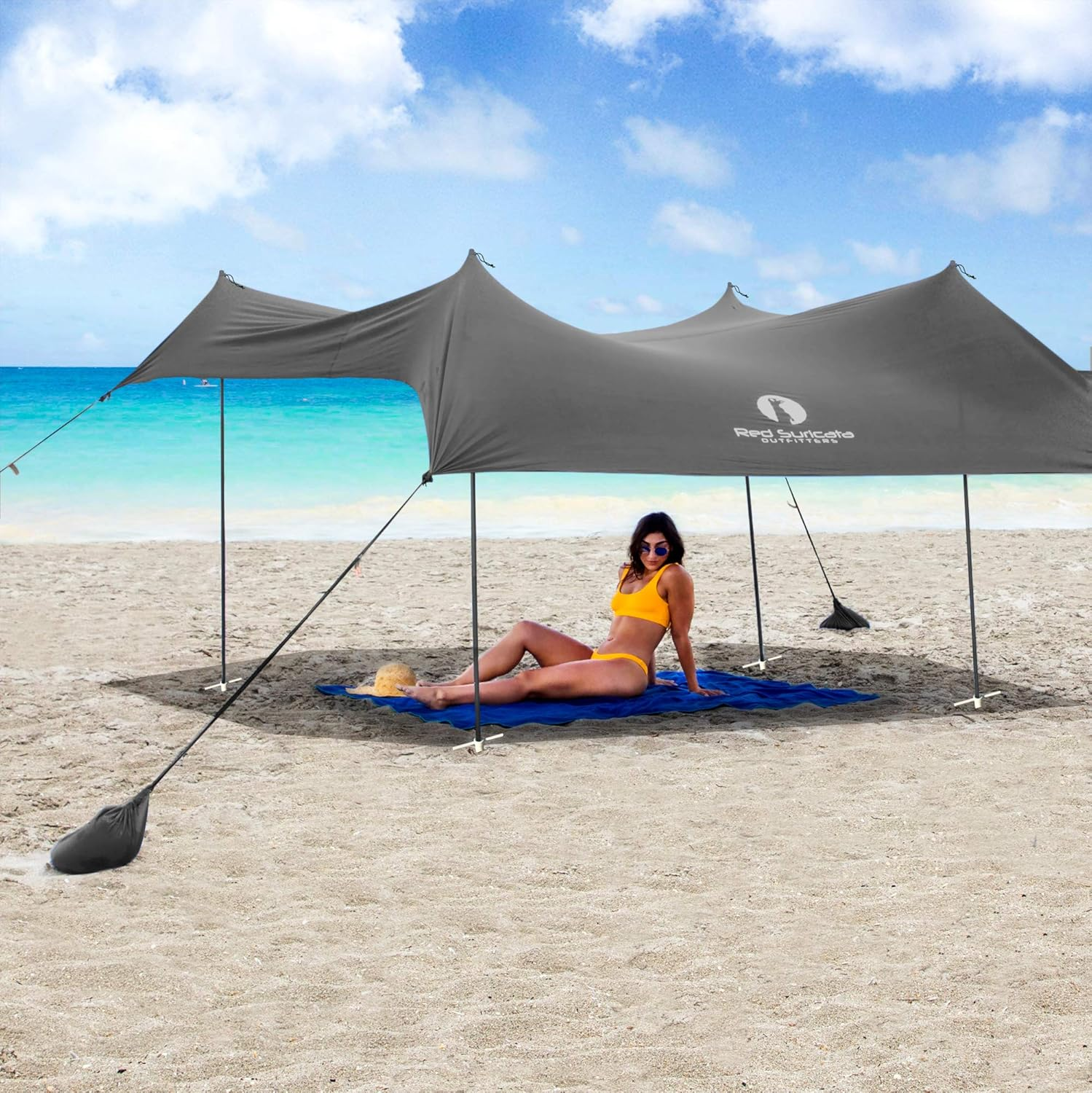 Red Suricata Family Beach Sunshade - Sun Shade Canopy | UPF50 UV Protection | Water Repellent Tent with 4 Aluminum Poles, 4 Pole Anchors, 4 Sandbag Anchors | Portable Shelter Tarp (Large, Black)