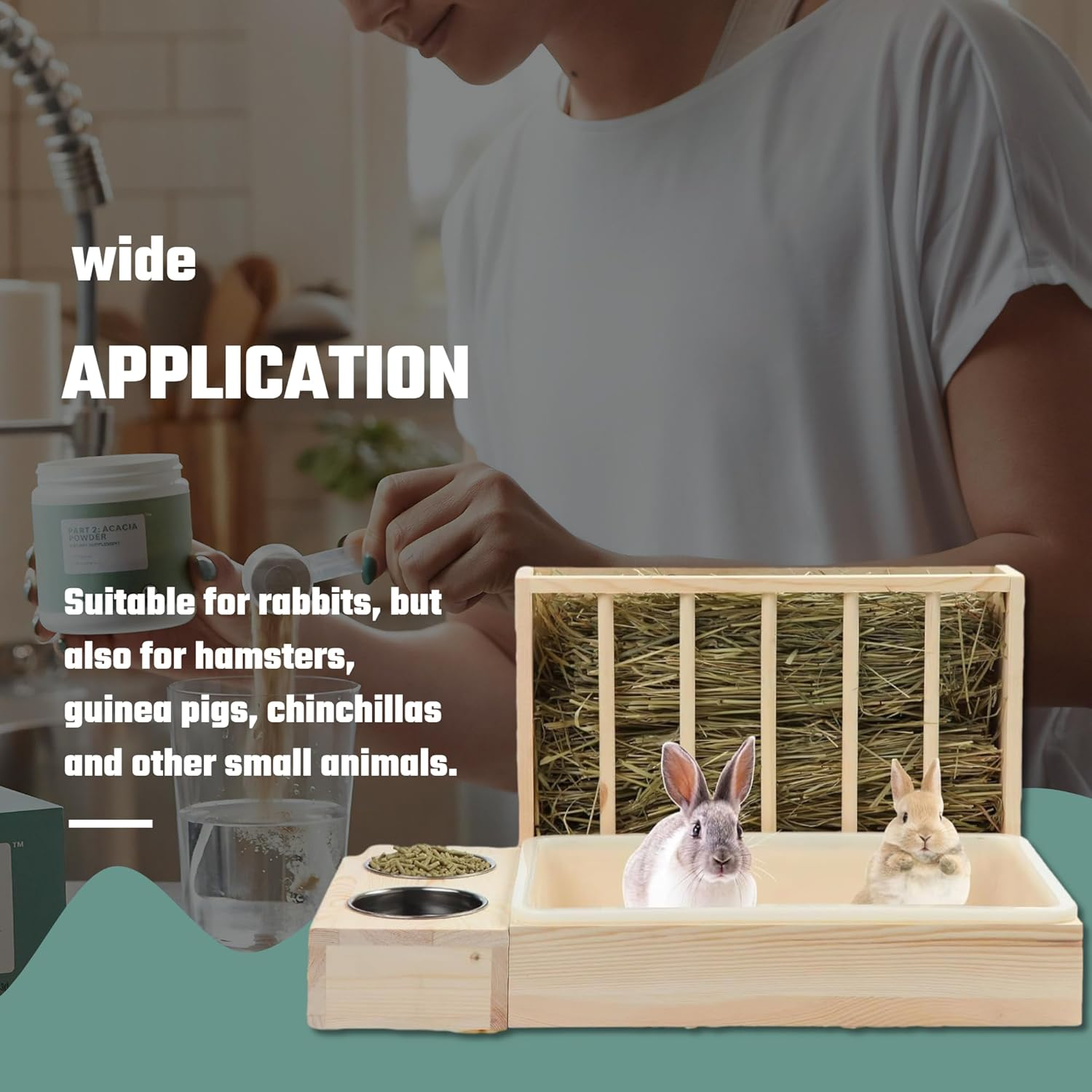 Rabbit Hay Feeder with Litter Box 2 Stainless Steel Bowls Mess Proof Wooden Bunny Feeding Manger for Chinchillas Hamster Small Anima image number 1